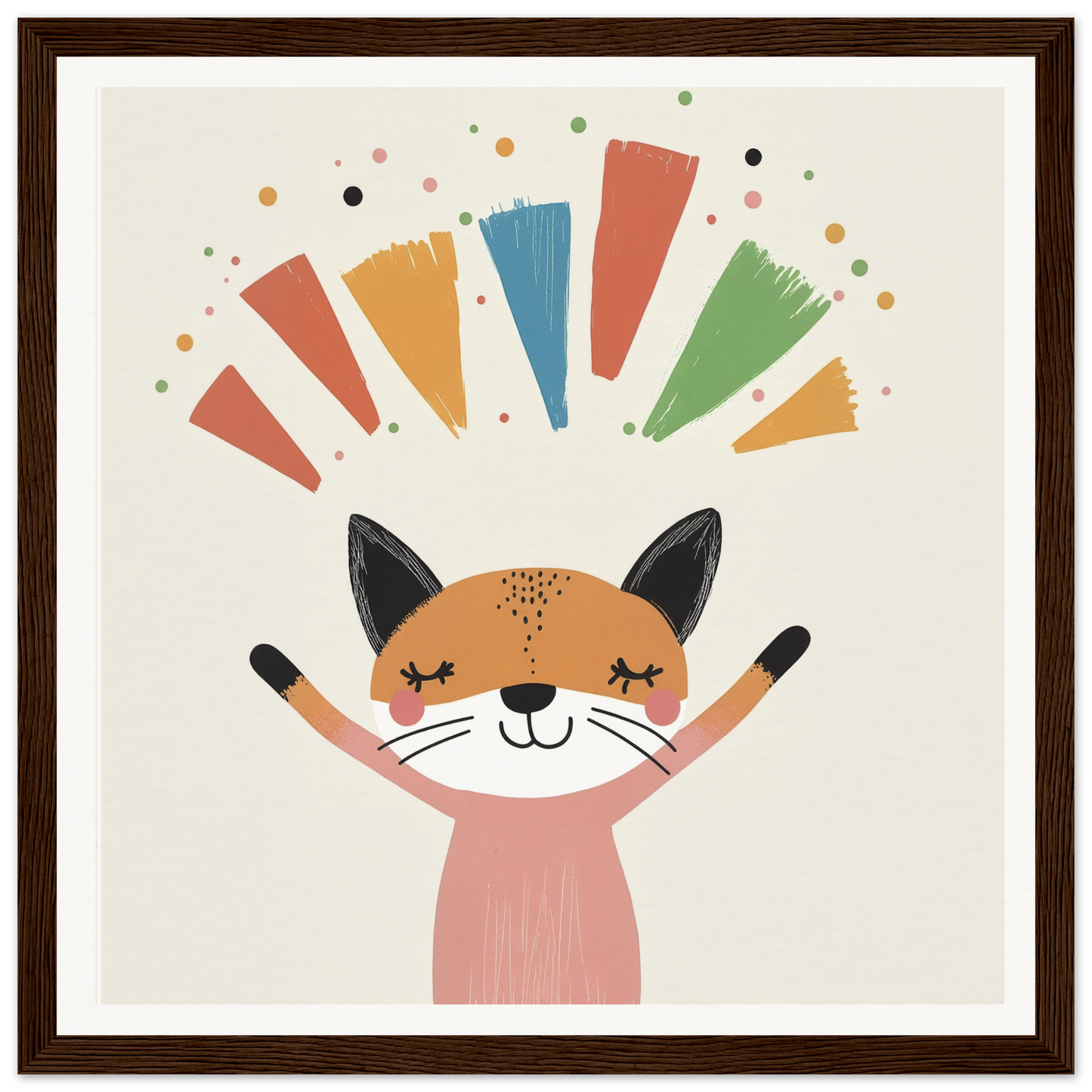 Happy cartoon cat with raised paws and colorful rays for Fox Revelry Glows