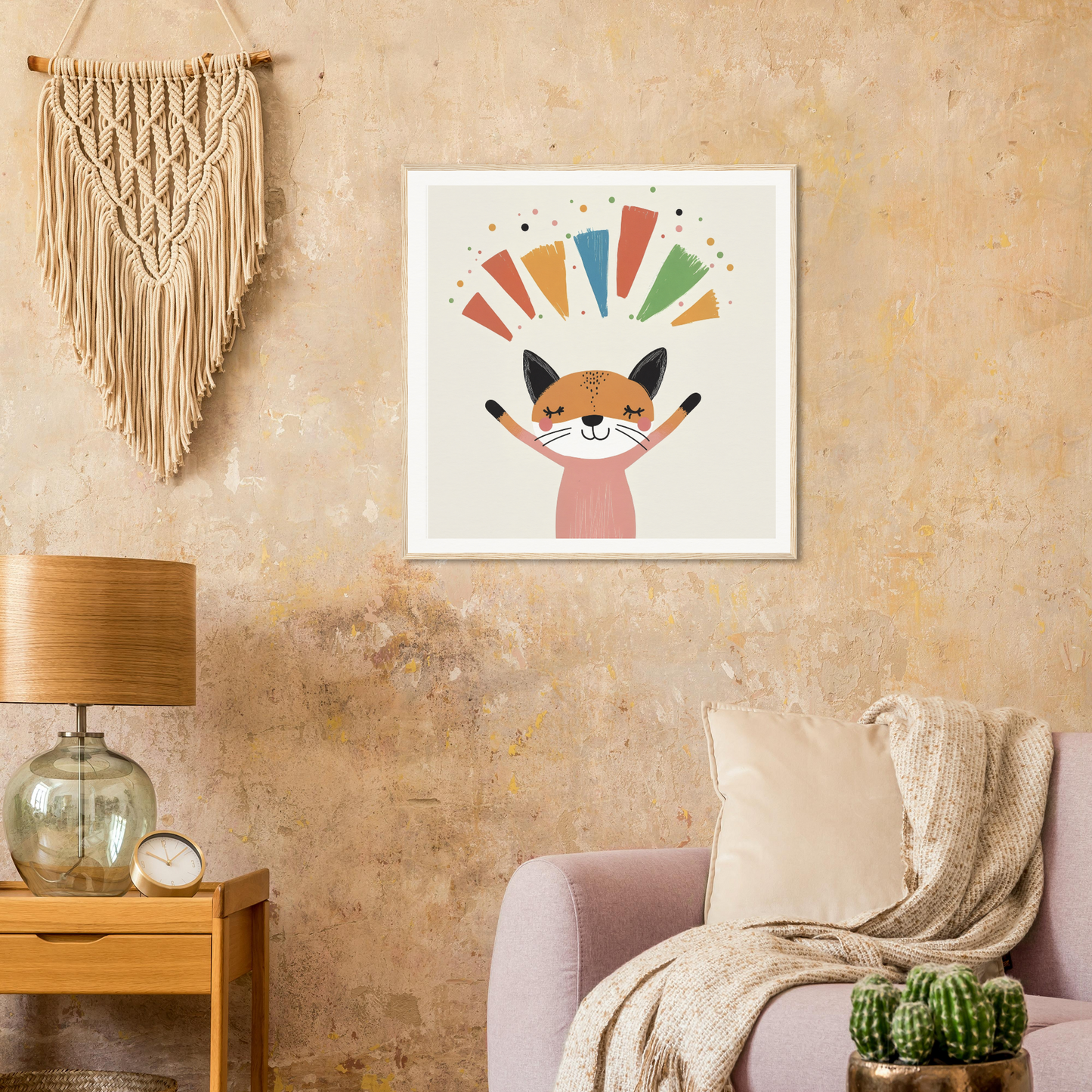Whimsical cartoon fox artwork for Fox Revelry Glows with colorful radiating lines