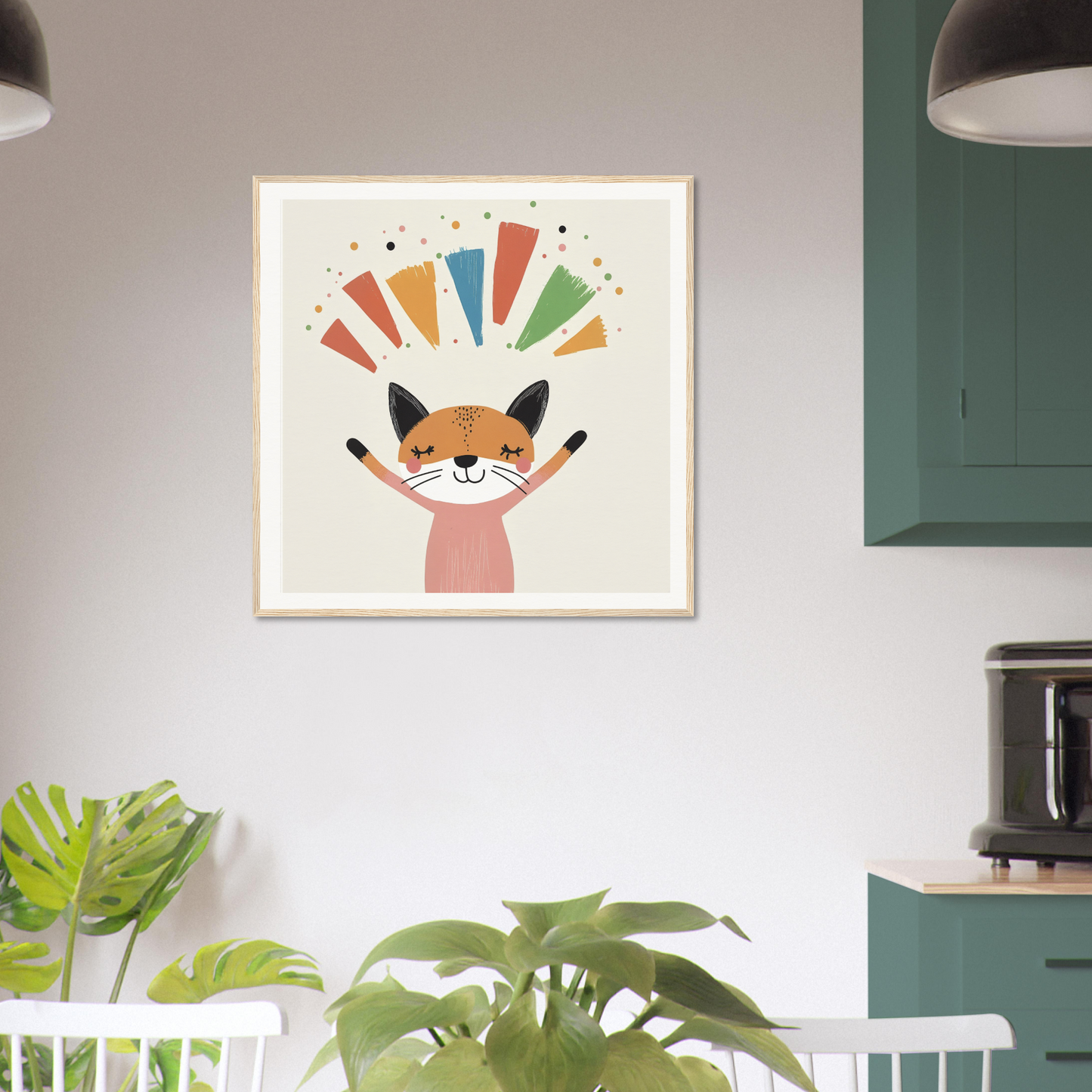 Framed artwork of a cute fox with vibrant rays for Fox Revelry Glows product
