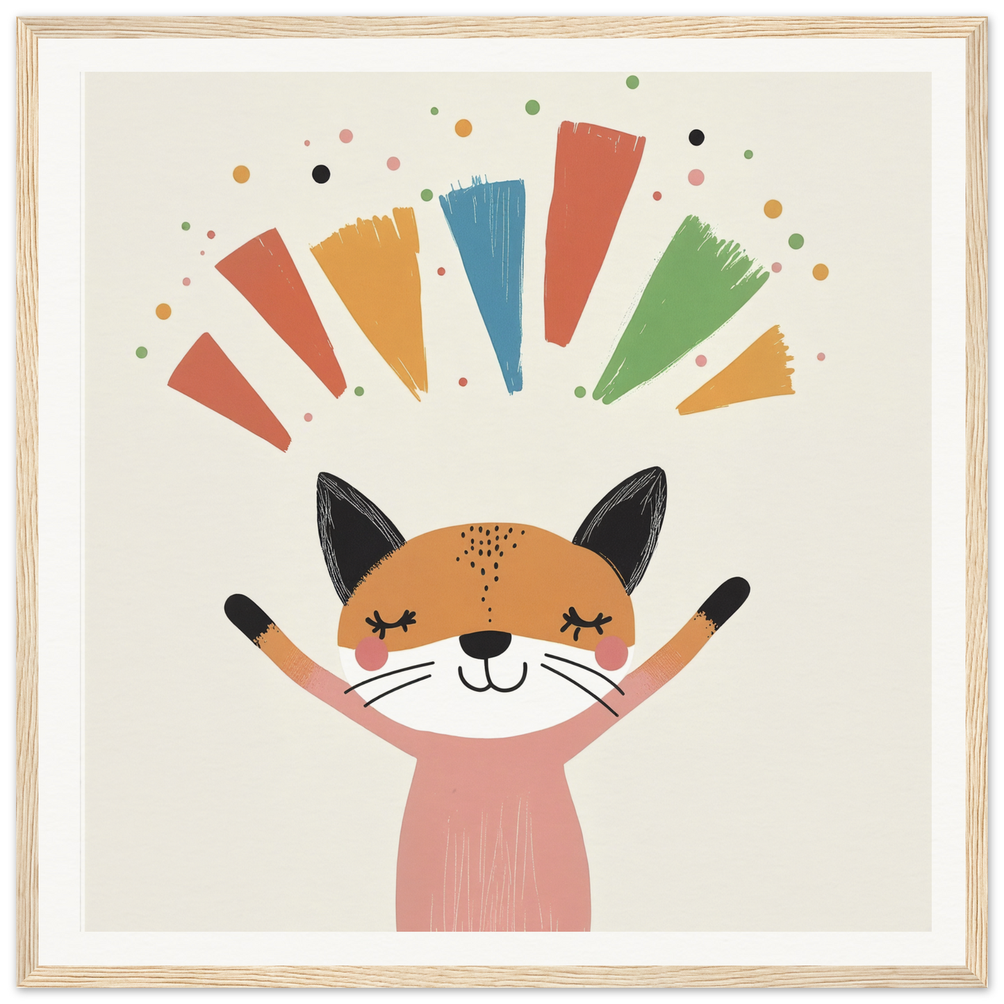 Happy cartoon cat with raised paws and colorful rays from Fox Revelry Glows