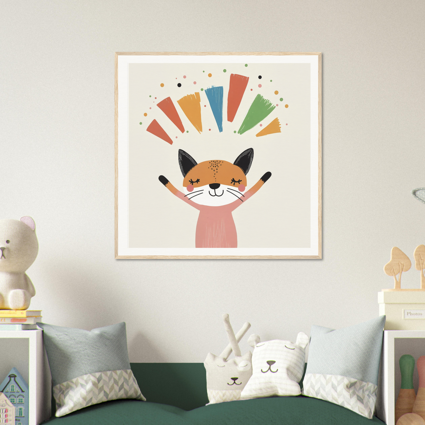 Cheerful cartoon fox celebrating with colorful rays in Fox Revelry Glows product design