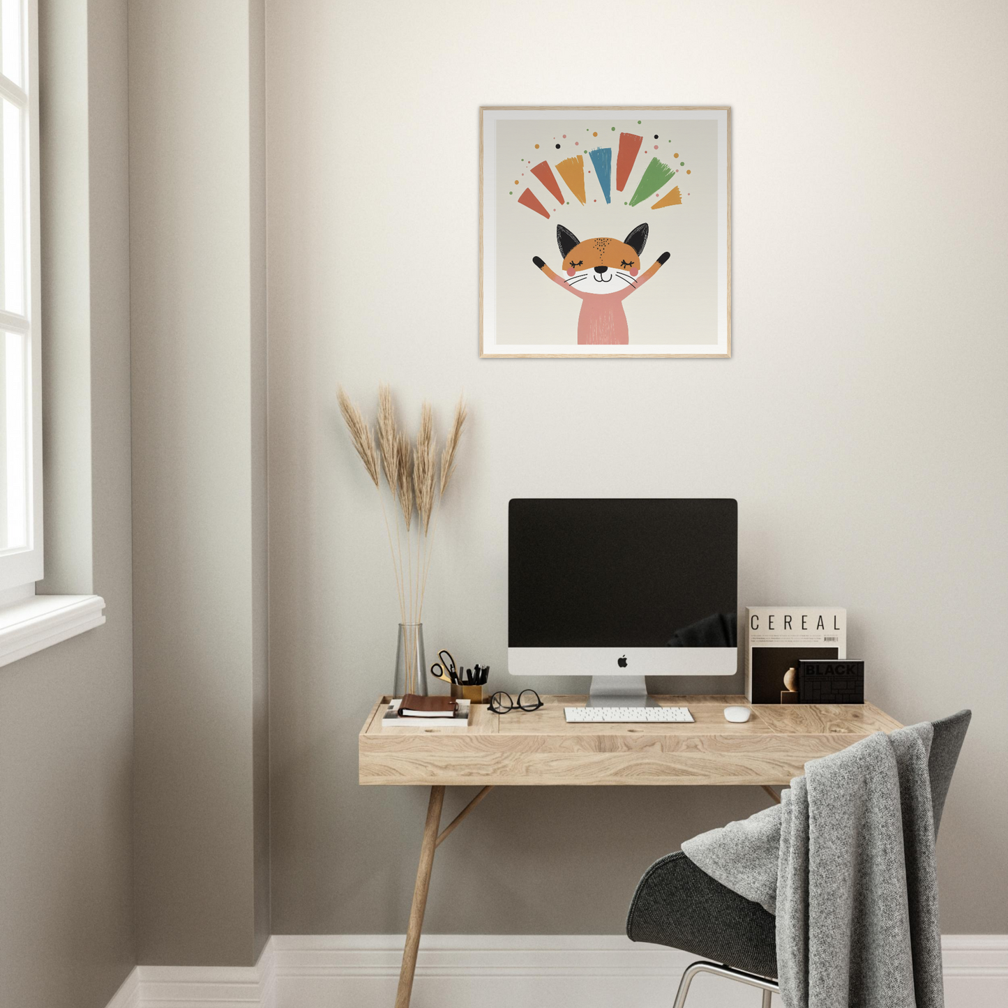 Minimalist wooden desk with iMac and wall art showcasing Fox Revelry Glows design