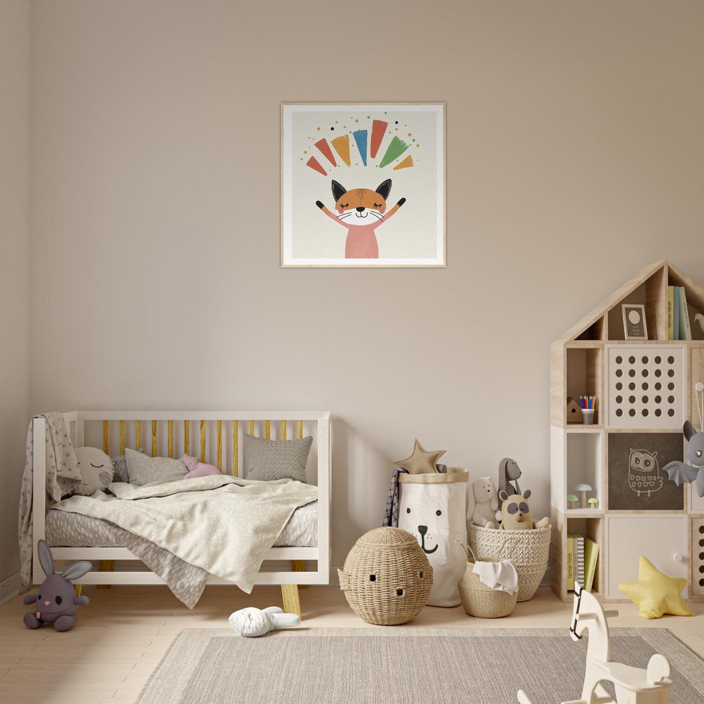 Wooden crib with gray bedding and yellow railings from Fox Revelry Glows collection