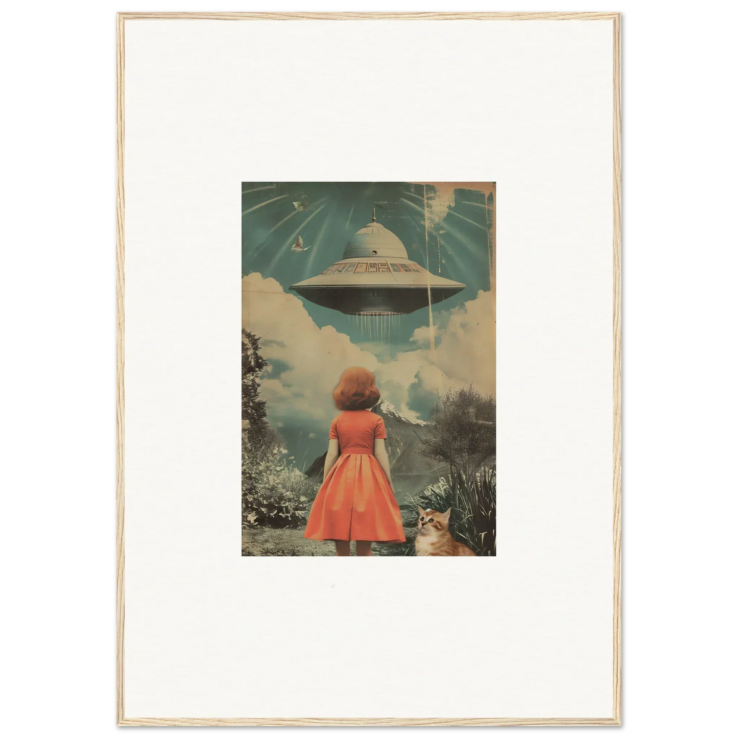 Vintage framed wall art featuring a woman in a red dress and a UFO for unique room decor