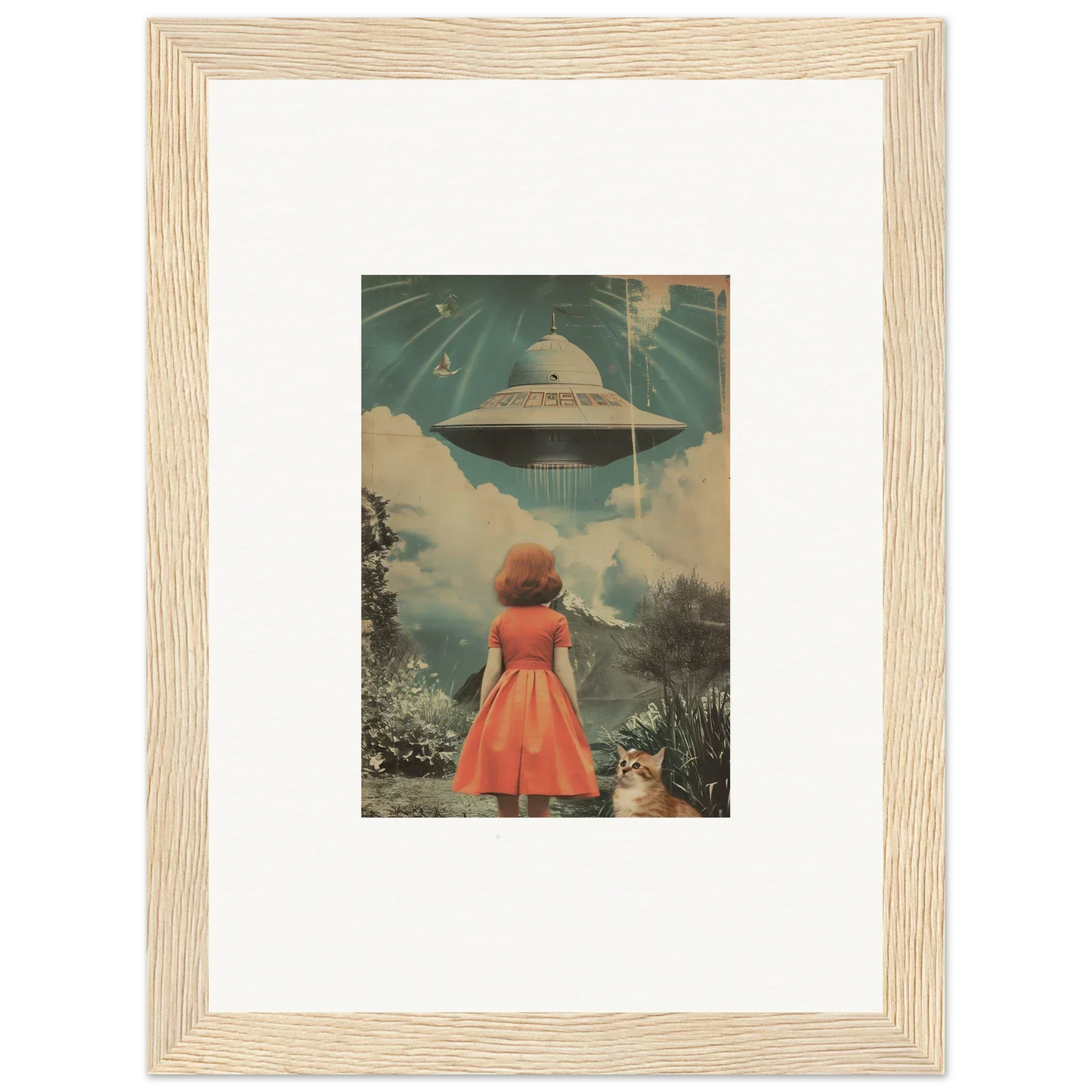 Framed vintage wall art of a woman in red dress facing a UFO for unique room decor