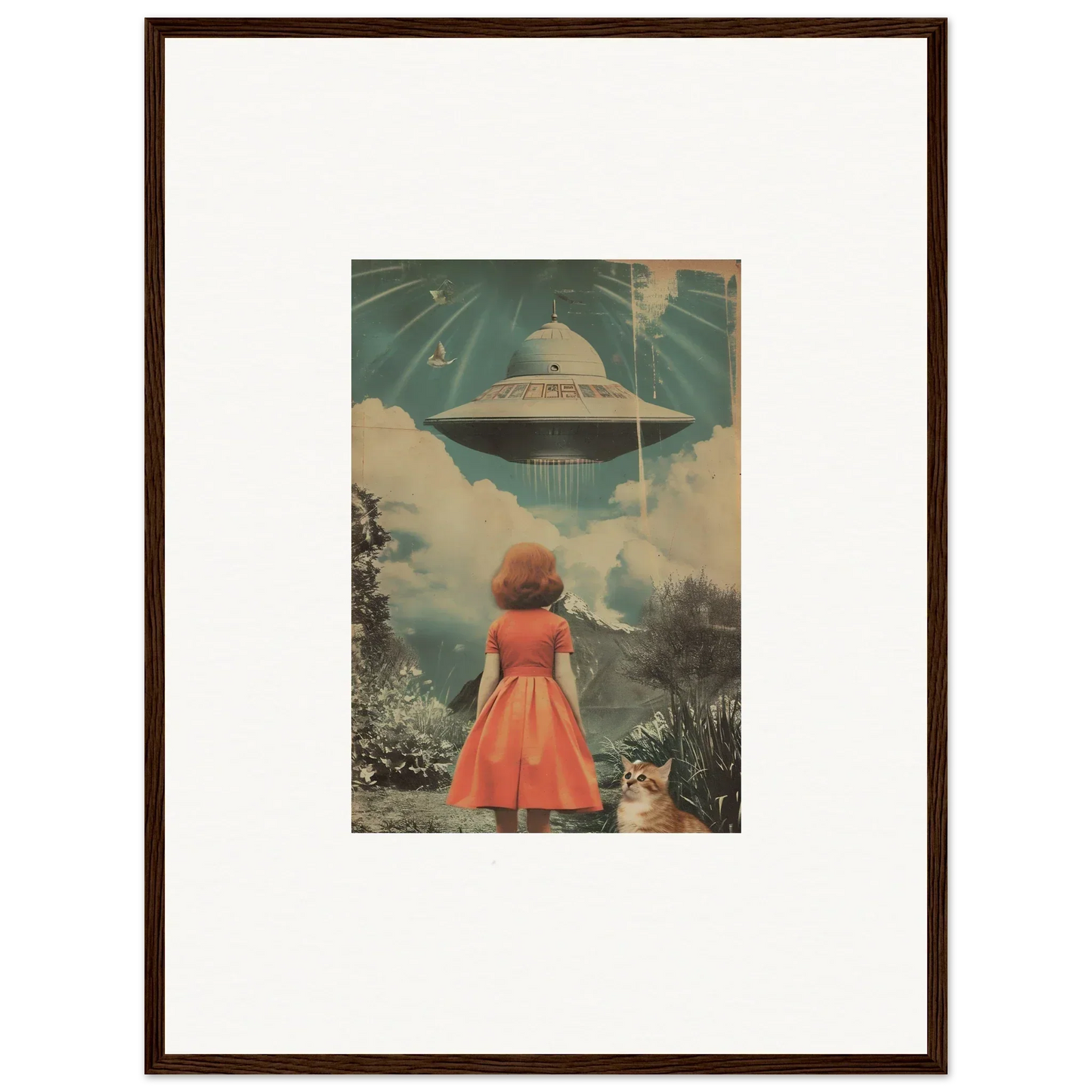 Framed wall art of a woman in a red dress facing a UFO, unique room decor piece