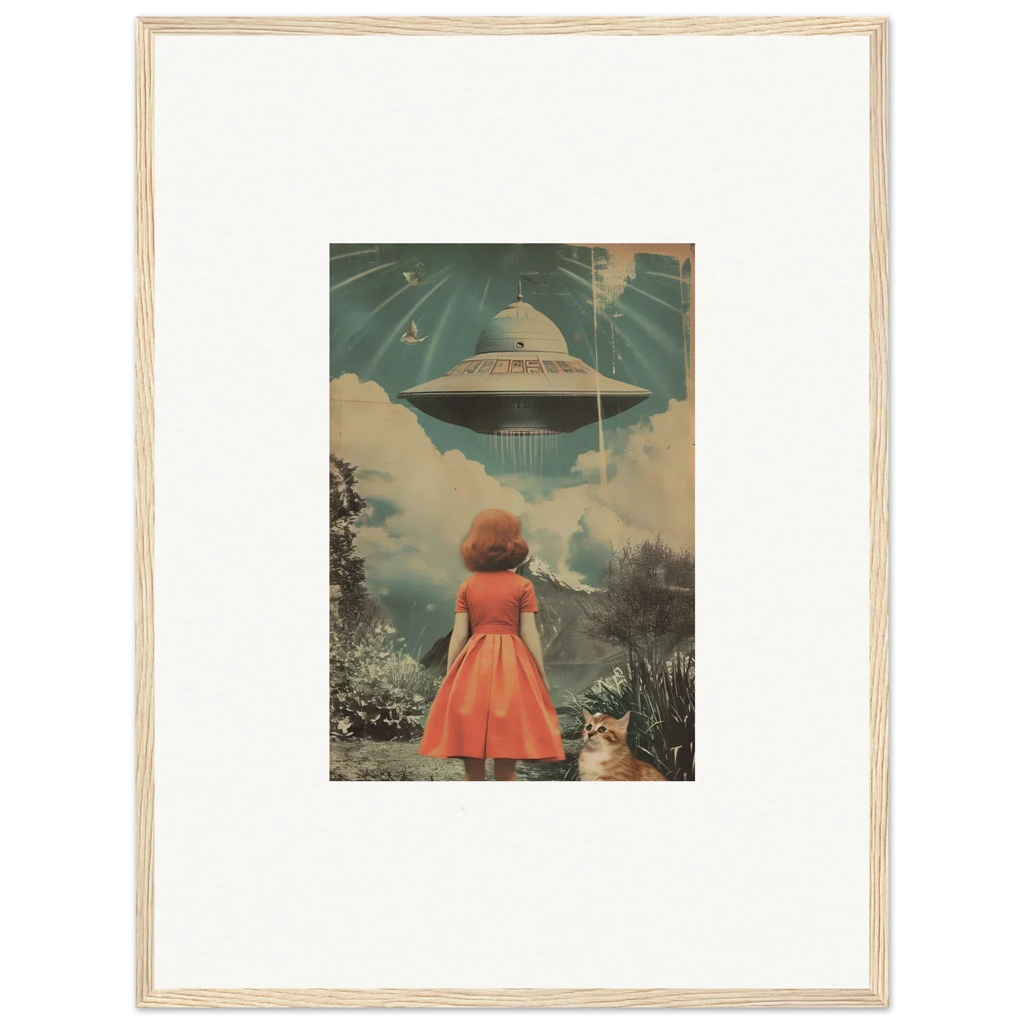 Framed vintage-style wall art of a woman in red dress and UFO, perfect for room decor