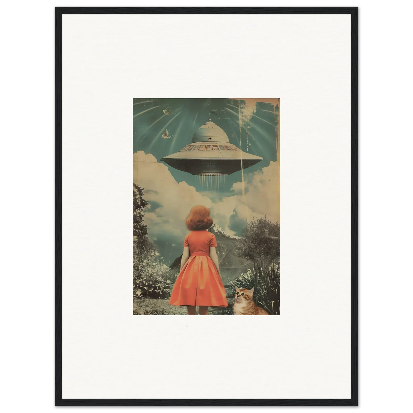 Framed wall art featuring a woman in a red dress confronting a UFO for unique room decor