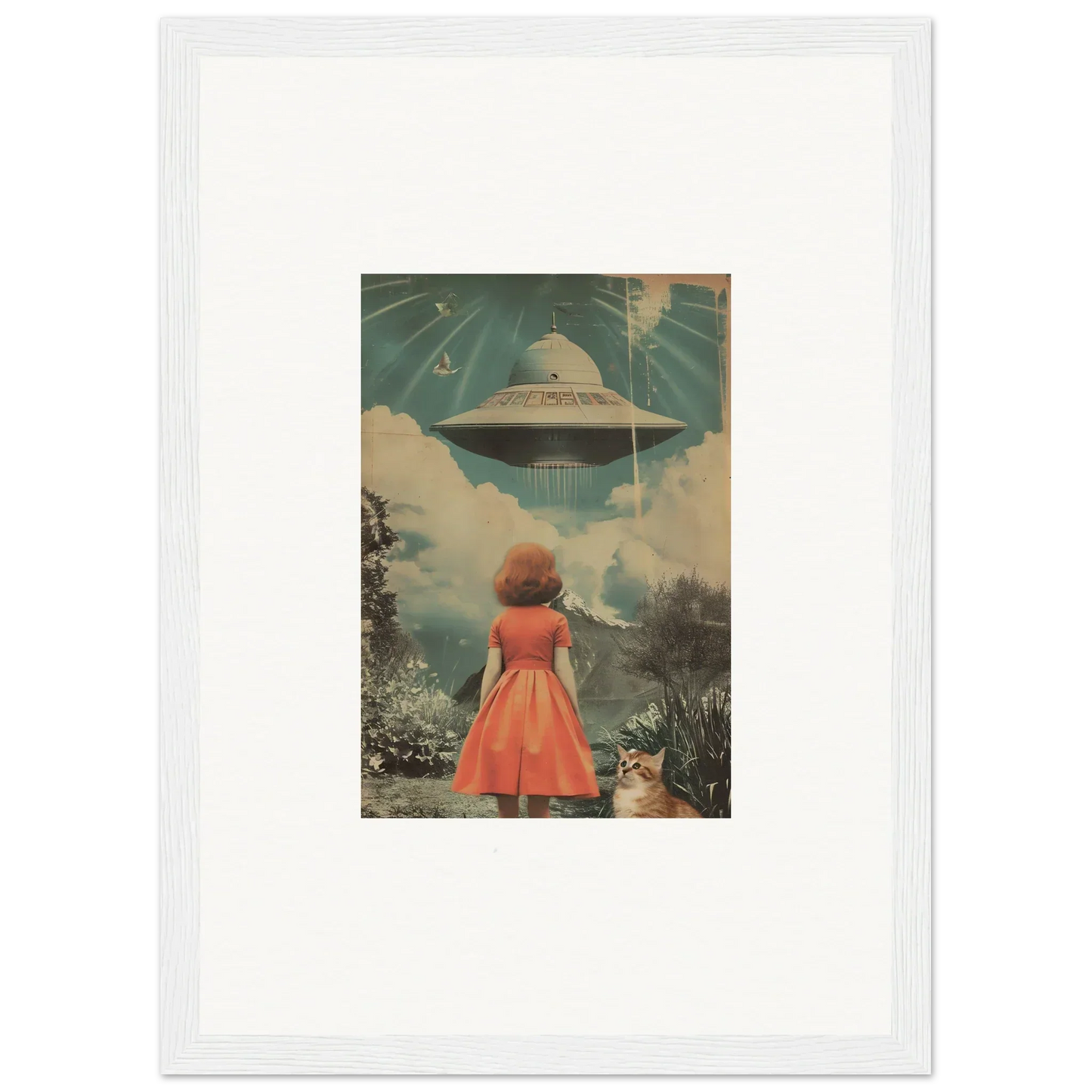 Framed wall art featuring a woman in a red dress and a UFO, perfect for room decor