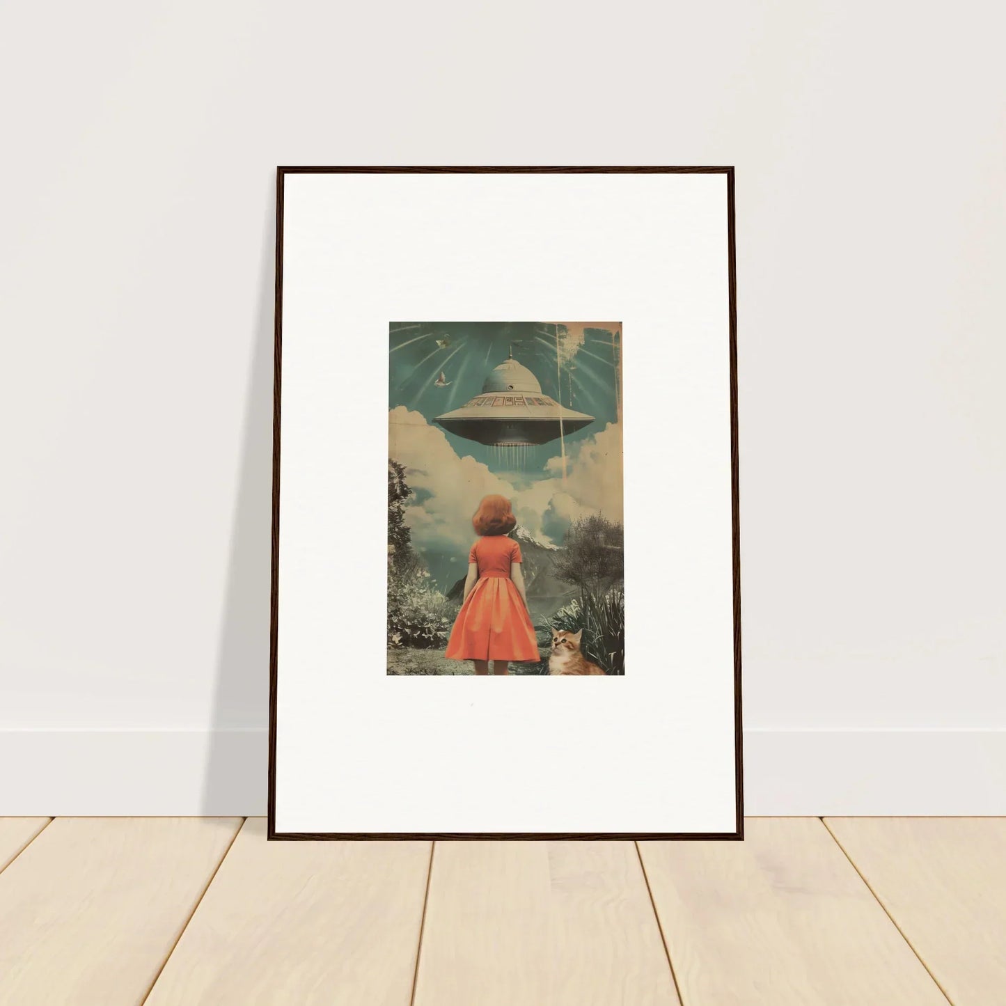 Framed wall art of a person in a red dress encountering a UFO, perfect for room decor