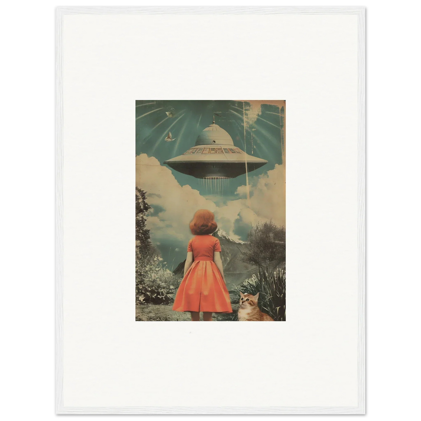 Retro collage of woman in red dress and UFO, perfect for room decor or canvas prints
