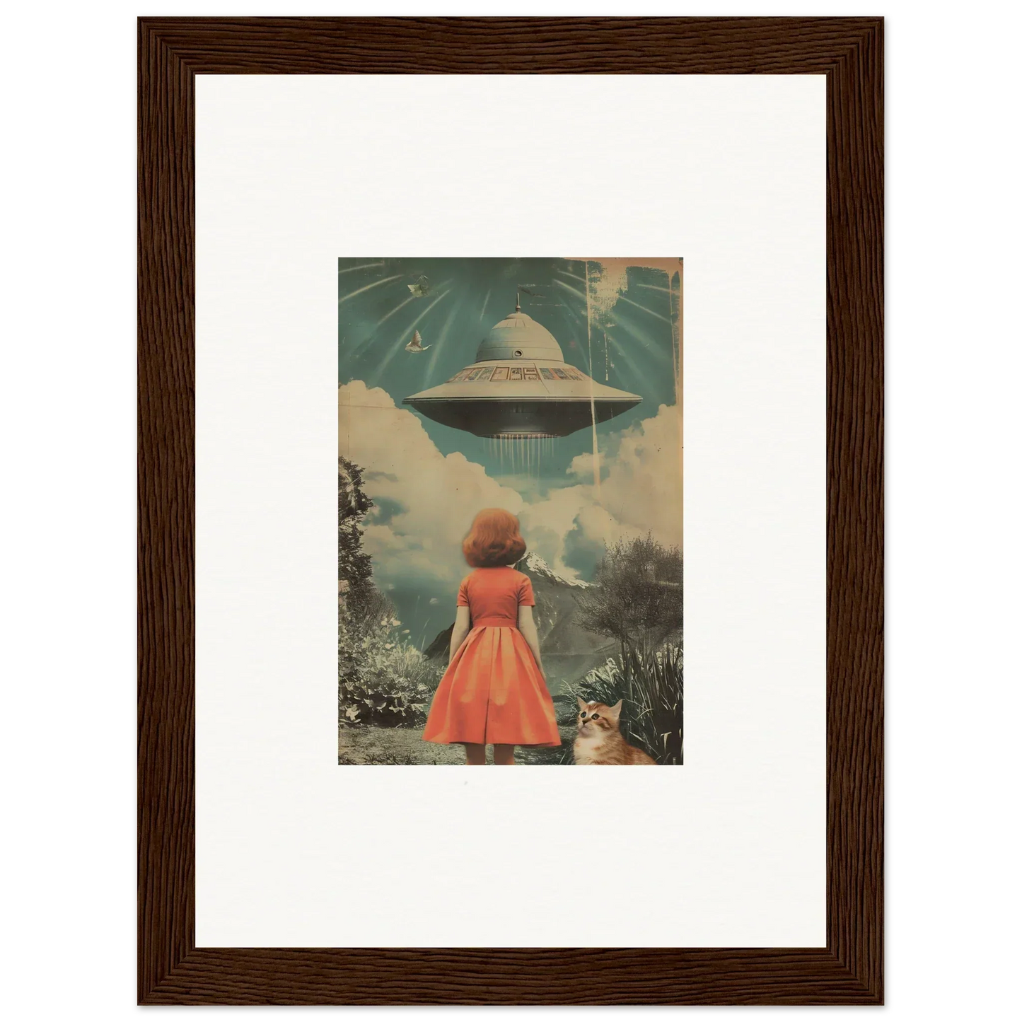 Framed wall art featuring a woman in a red dress and a UFO for unique room decor
