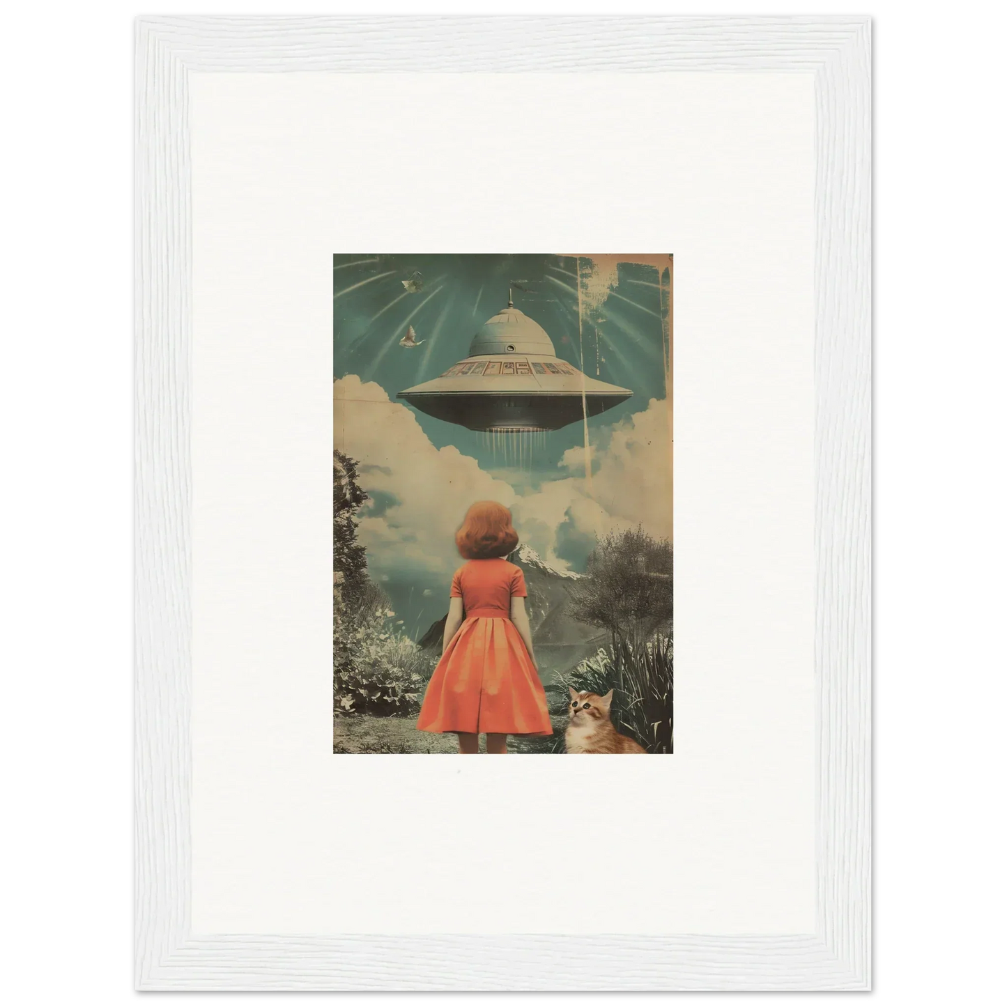 Framed vintage-style wall art of a woman in an orange dress facing a UFO for room decor