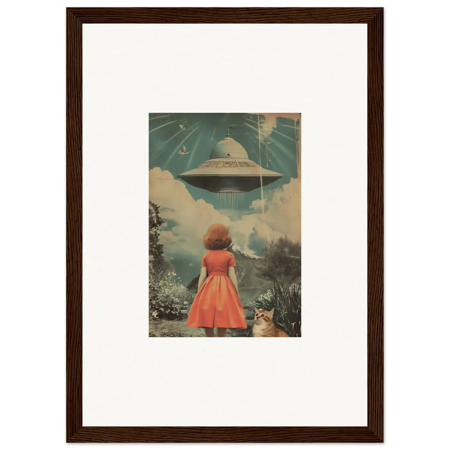 Framed vintage-style wall art of a woman in a red dress and UFO for unique room decor