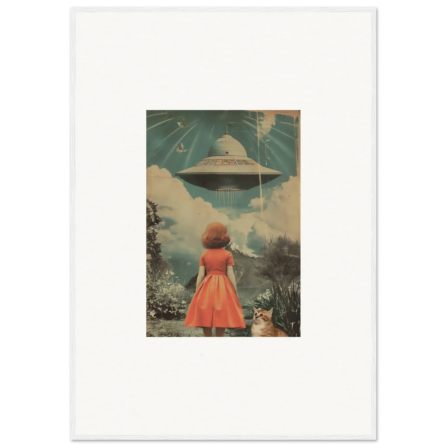 Vintage illustration of a woman in a red dress facing a UFO, perfect for room decor