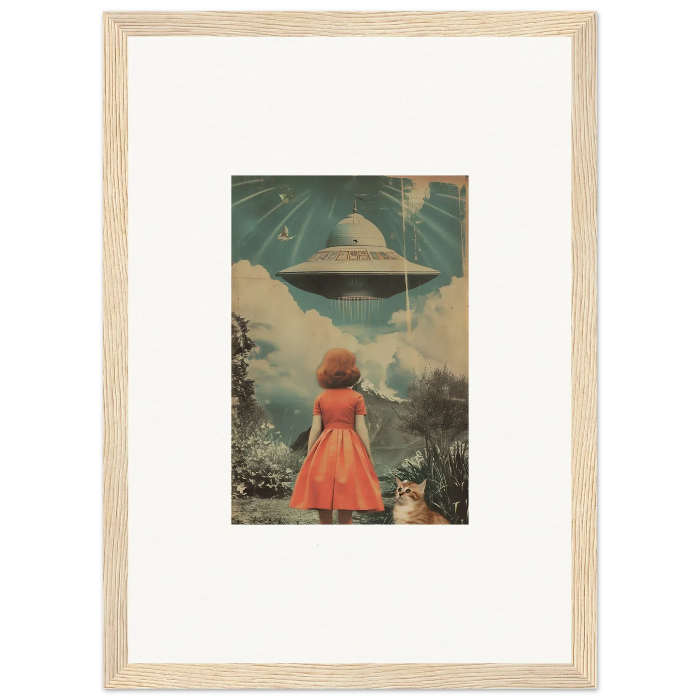Framed wall art of a girl in a red dress gazing at a UFO, ideal room decor