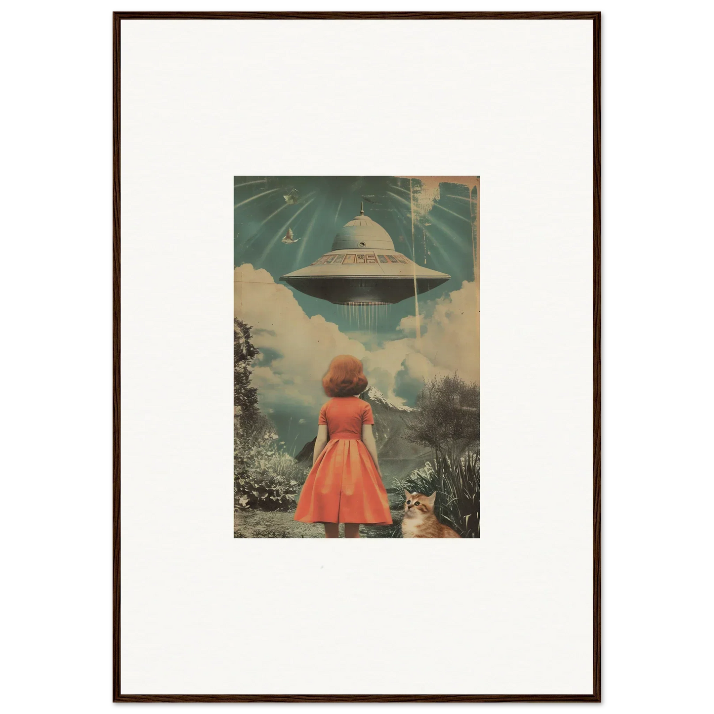 Framed wall art featuring a woman in a red dress and a UFO for unique room decor