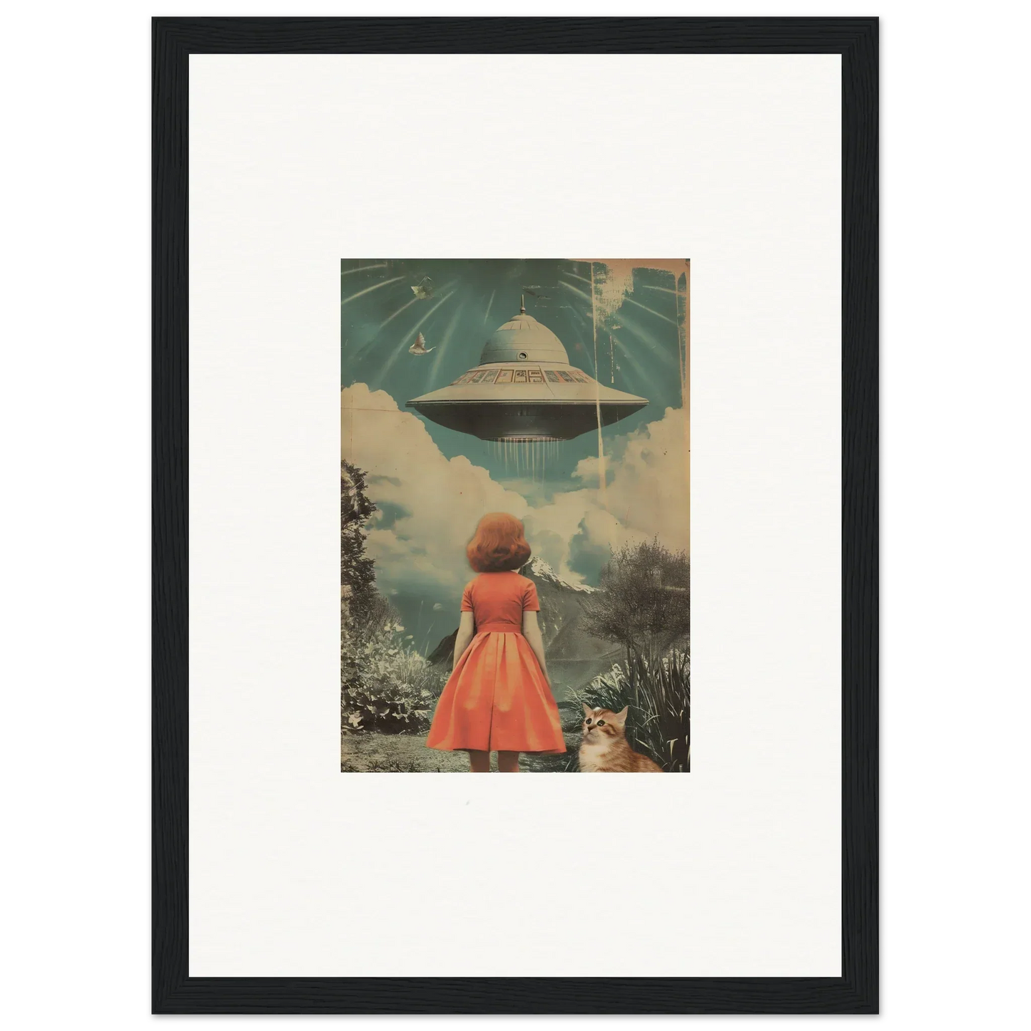 Framed wall art of a woman in a red dress gazing at a UFO for unique room decor
