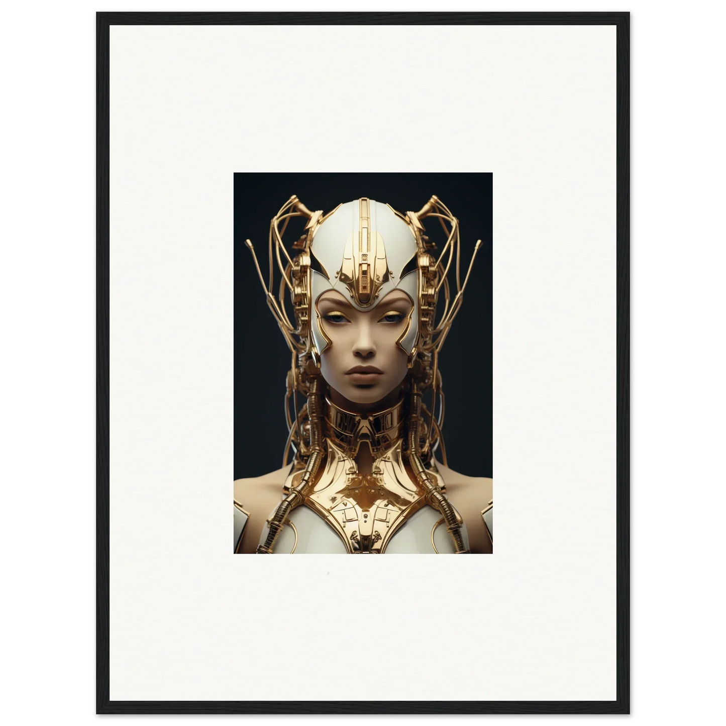 Futuristic female figure with golden headdress, perfect for your Future Echoes Muse canvas print