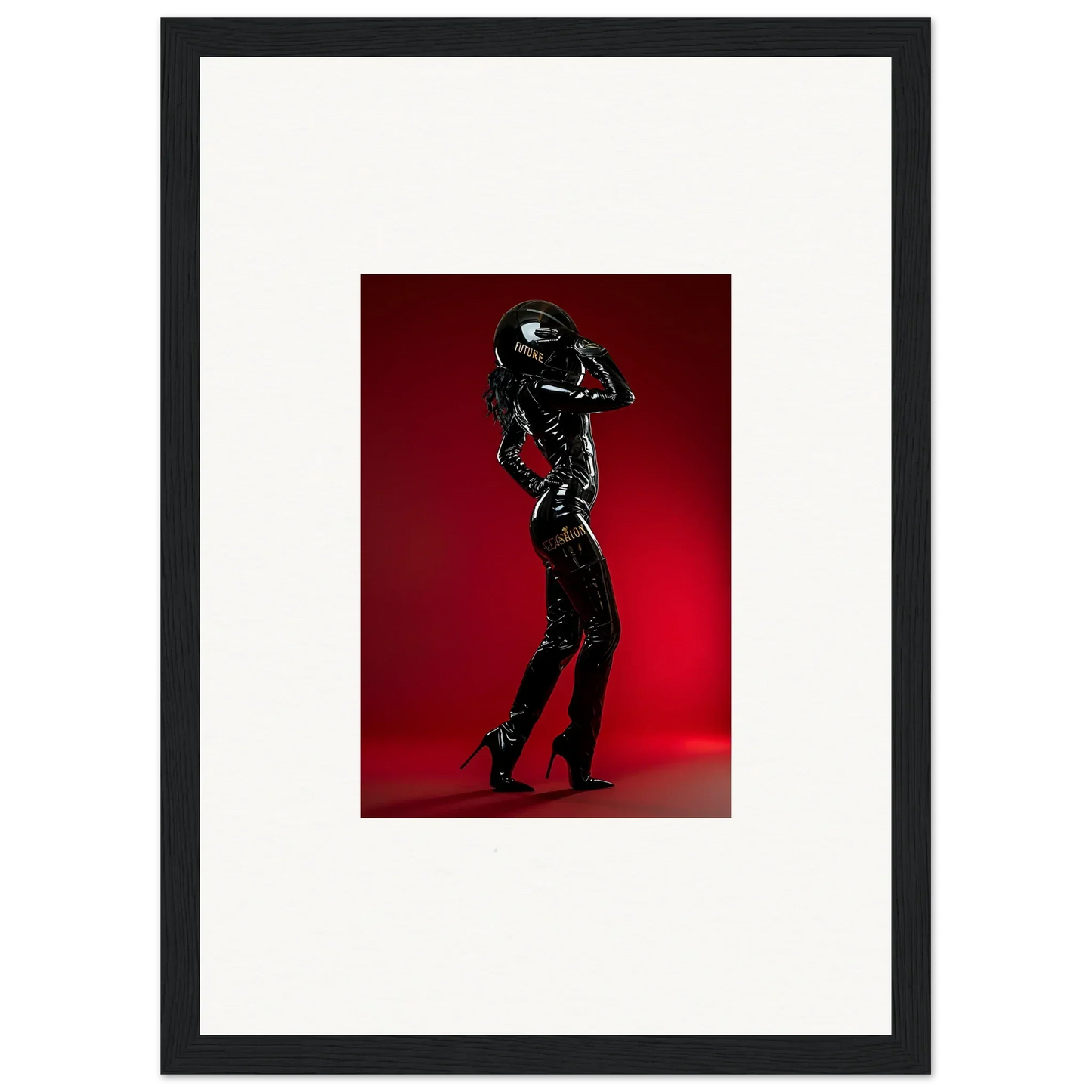 Silhouette of a person in a shiny, form-fitting outfit striking a dynamic pose against a red backdrop.