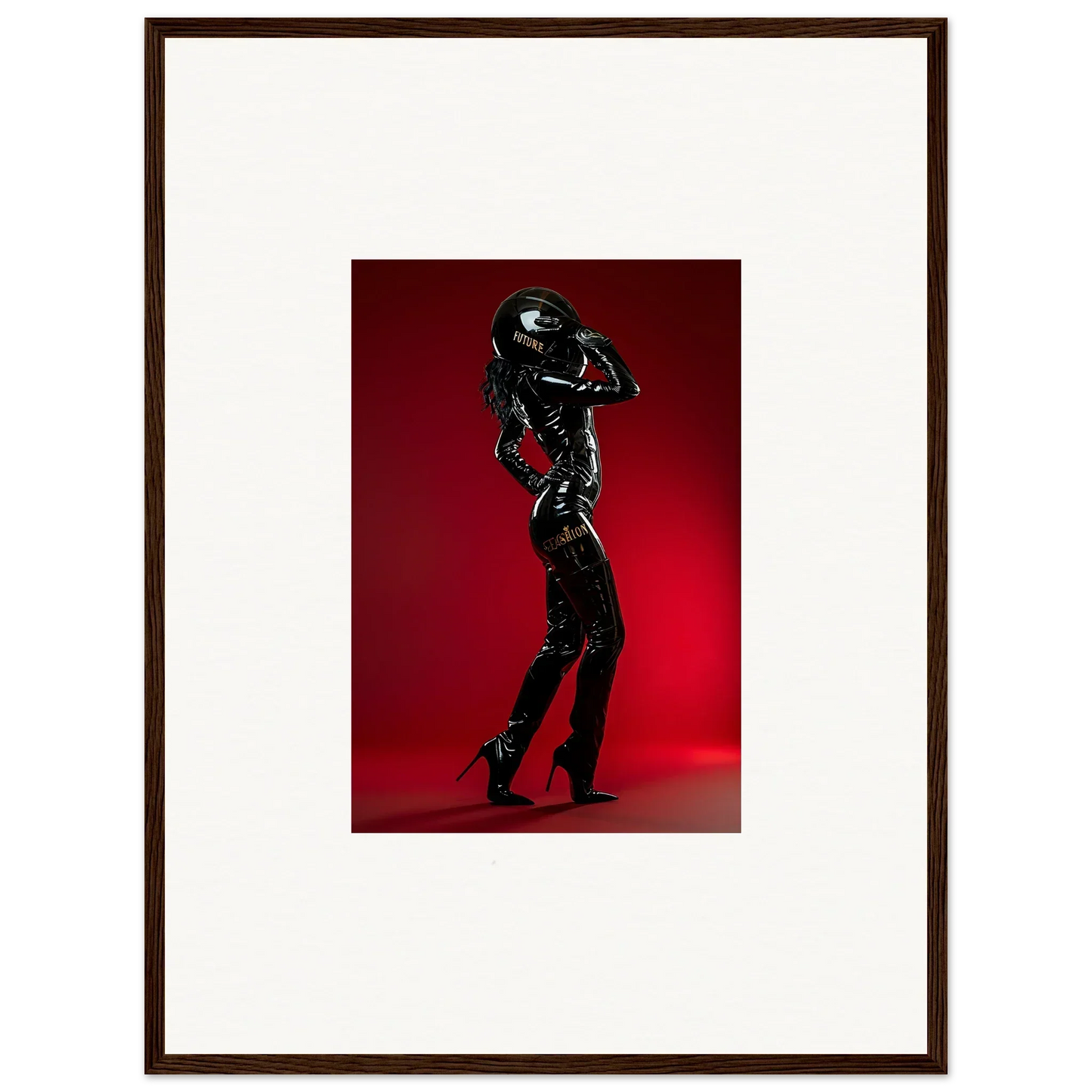 Figure in a shiny black latex bodysuit striking a dynamic pose.
