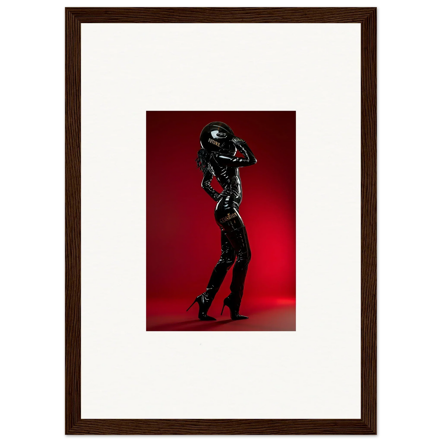 Silhouette of a person in a shiny black outfit striking a dramatic pose.