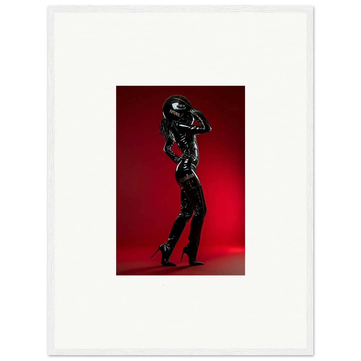 Figure in a shiny black full-body suit and helmet striking a dynamic pose.