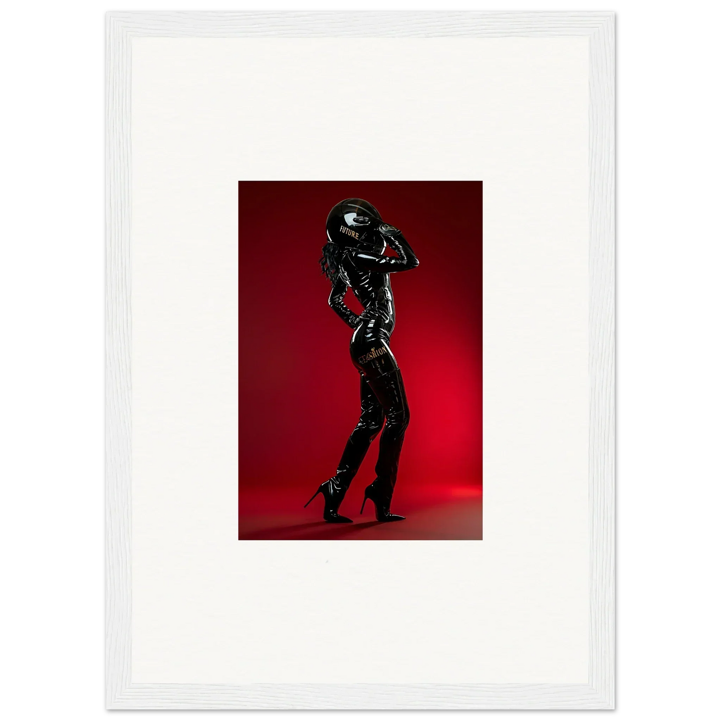 Silhouette of a person in a shiny black outfit striking a dynamic pose.