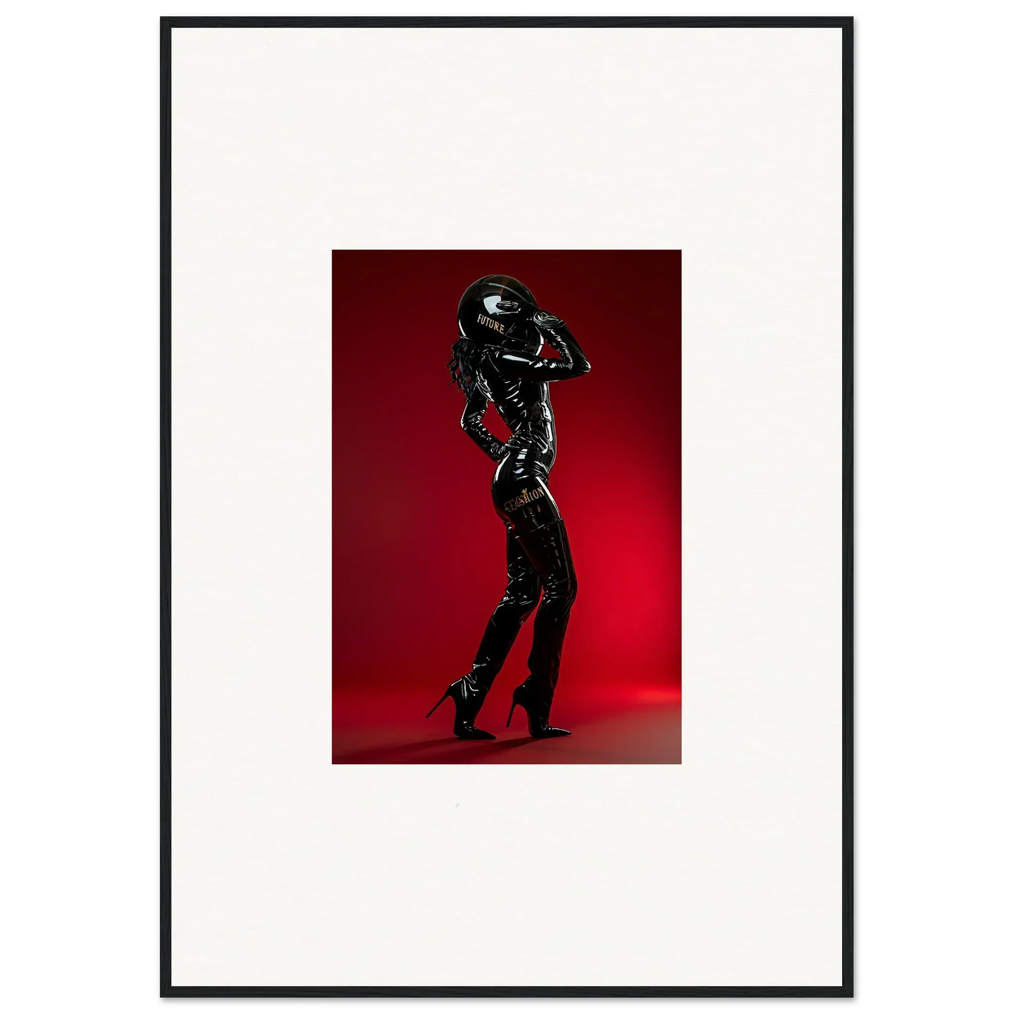 Silhouette of a person in a shiny black outfit striking a dynamic pose.