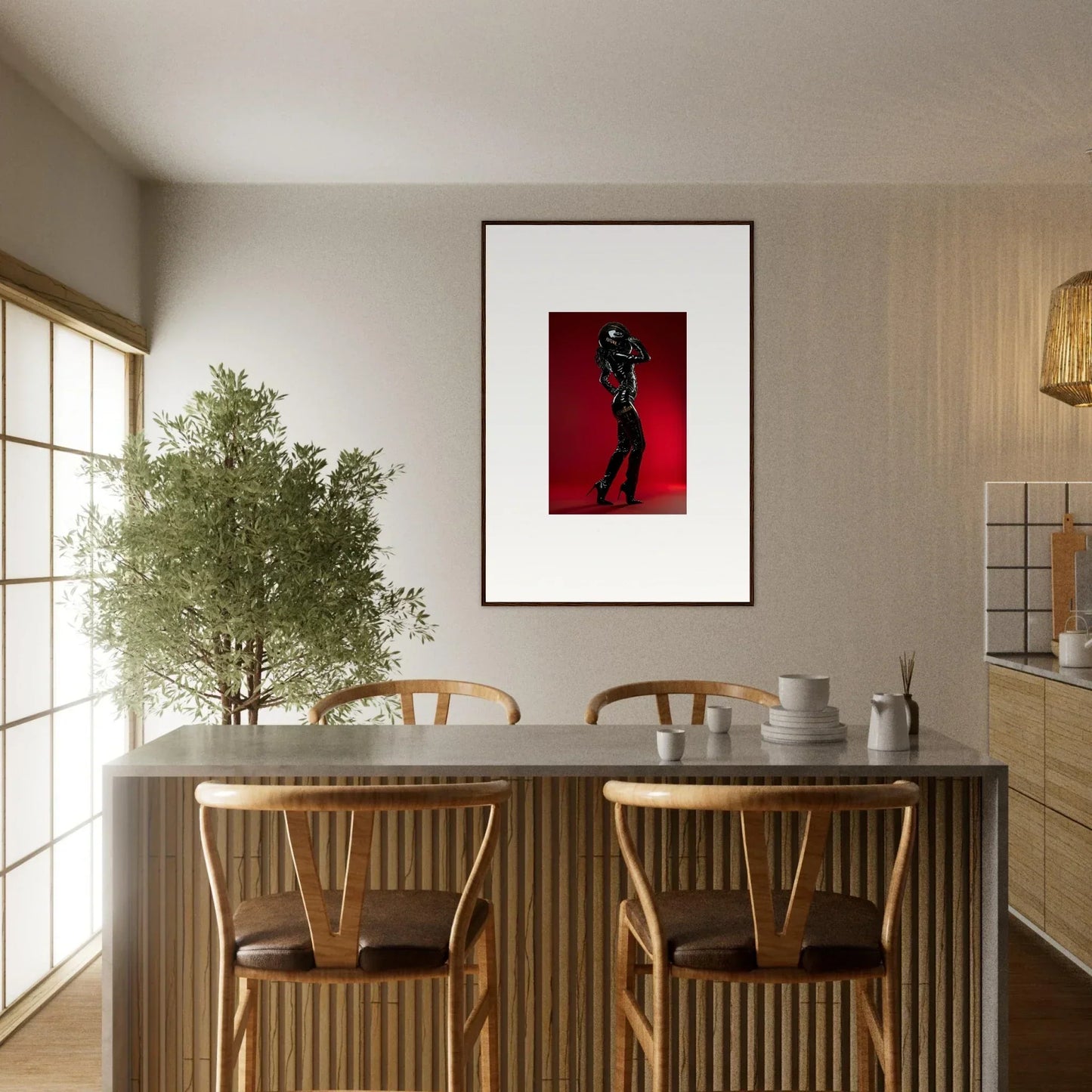 Dining area with a table, chairs, and striking red artwork on the wall.