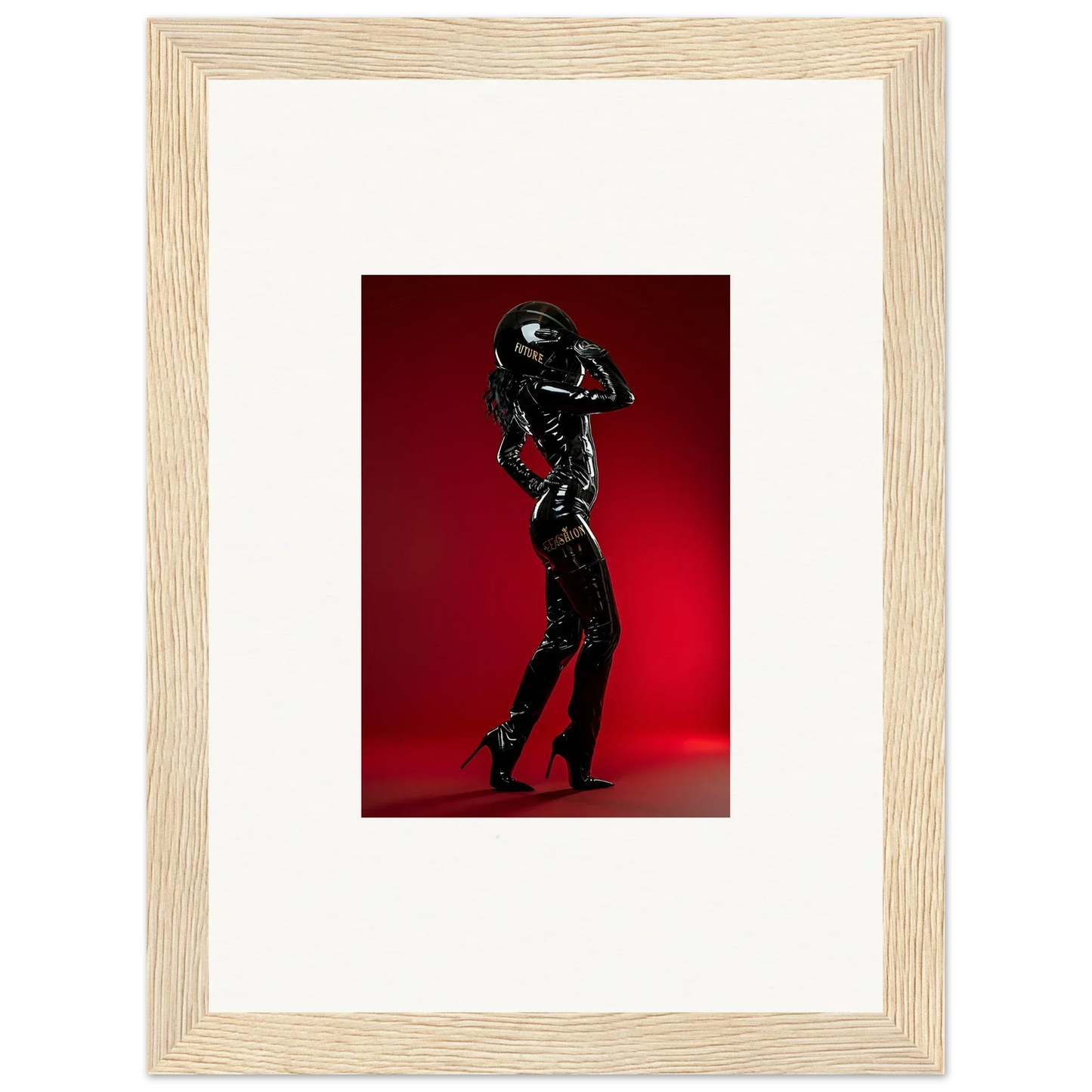 Silhouette of a person in a shiny black outfit striking a dynamic pose.