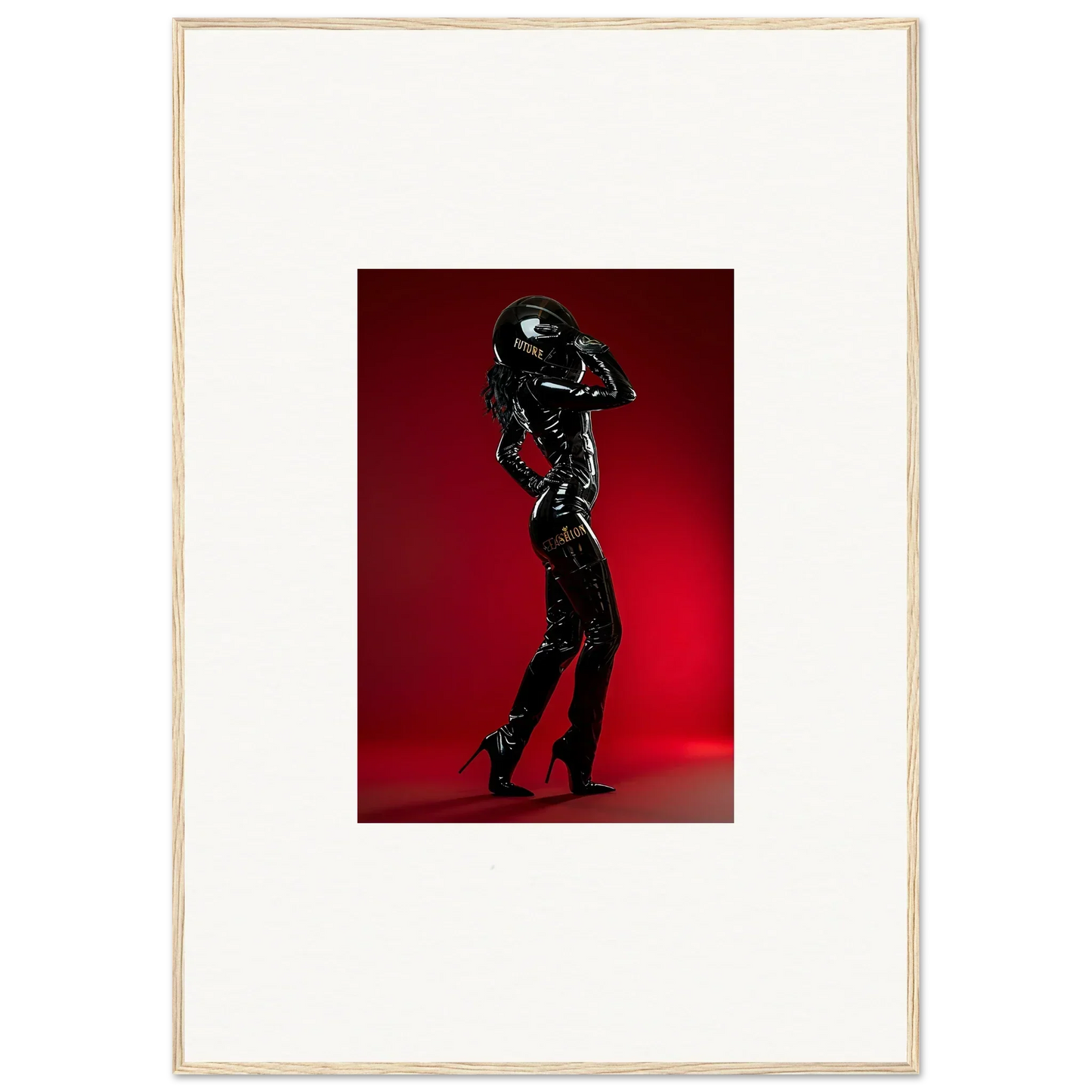 Shiny black latex-clad figure striking a dynamic pose against a red backdrop.