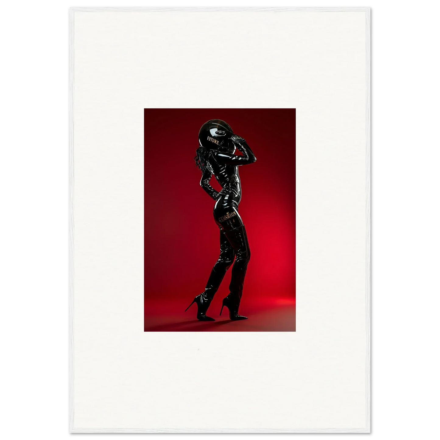Shiny black latex-clad figure striking a dramatic pose.
