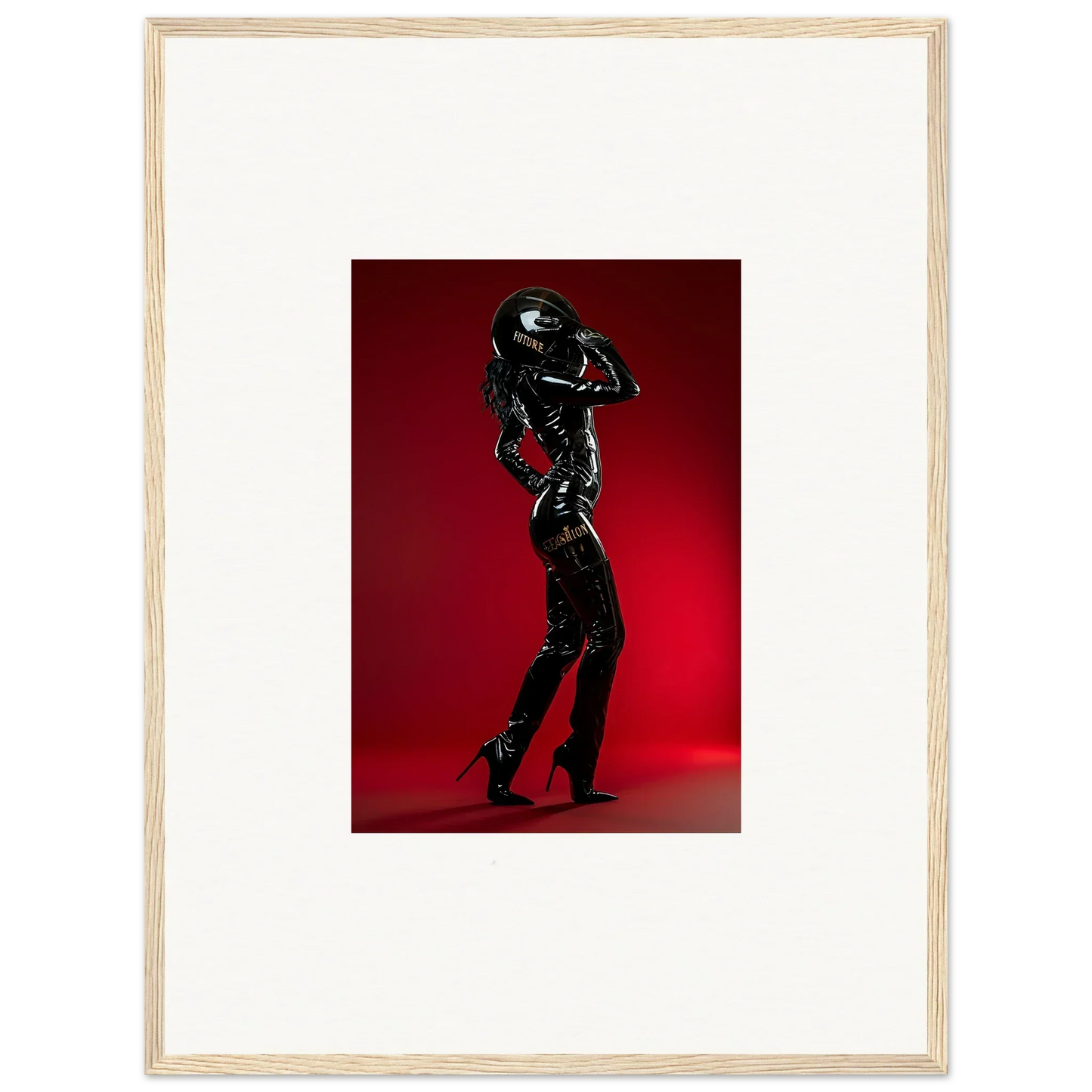 Figure in a shiny black latex or leather bodysuit striking a pose against a red backdrop.
