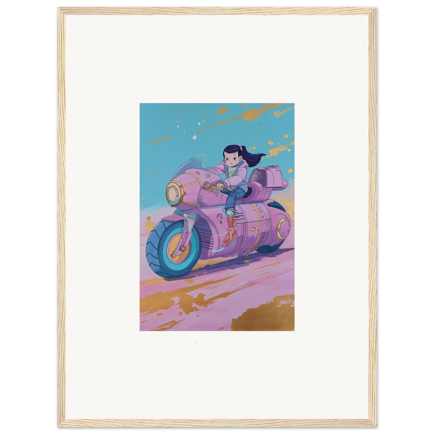 Pink futuristic motorcycle in motion, part of Galactic Paintfall Venture collection