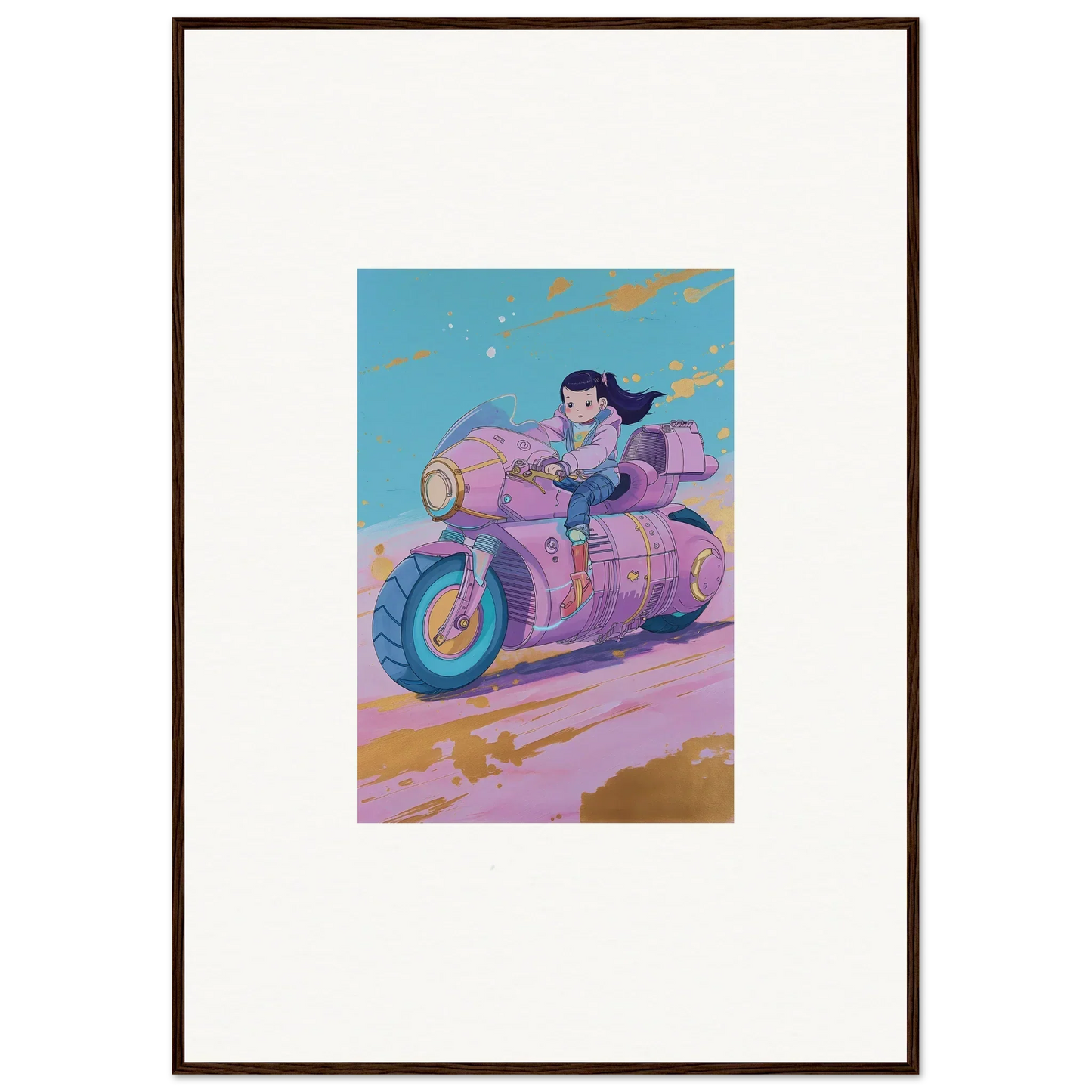Stylized illustration of a person on a cool pink motorcycle for Paintfall Venture canvas print