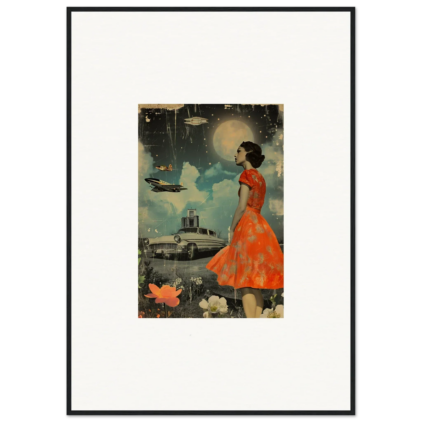 Framed canvas print of vintage veil tales collage with woman in orange dress and surreal scene