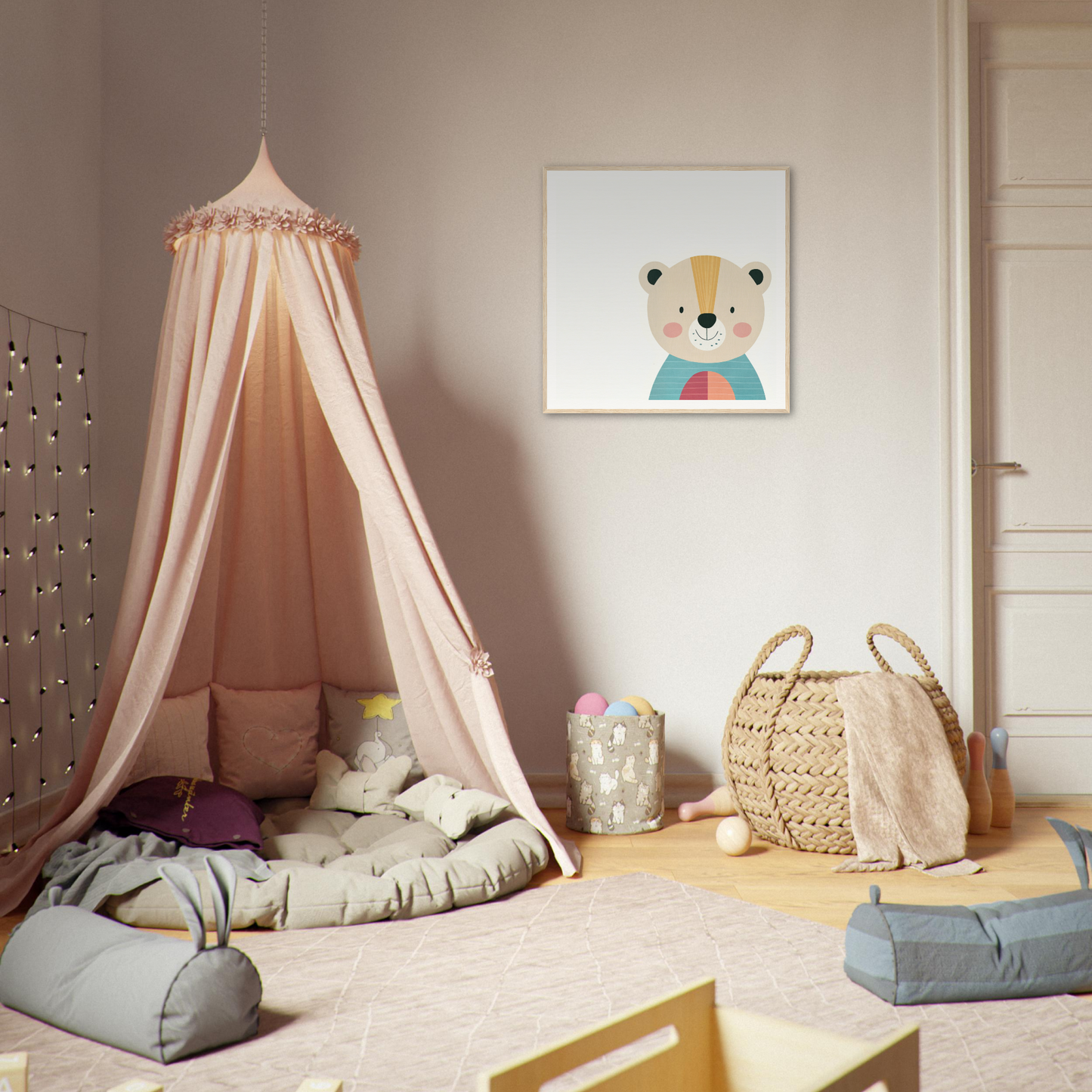 Pink canopy tent with draped fabric and tassels for Gentle Bear’s Hypno