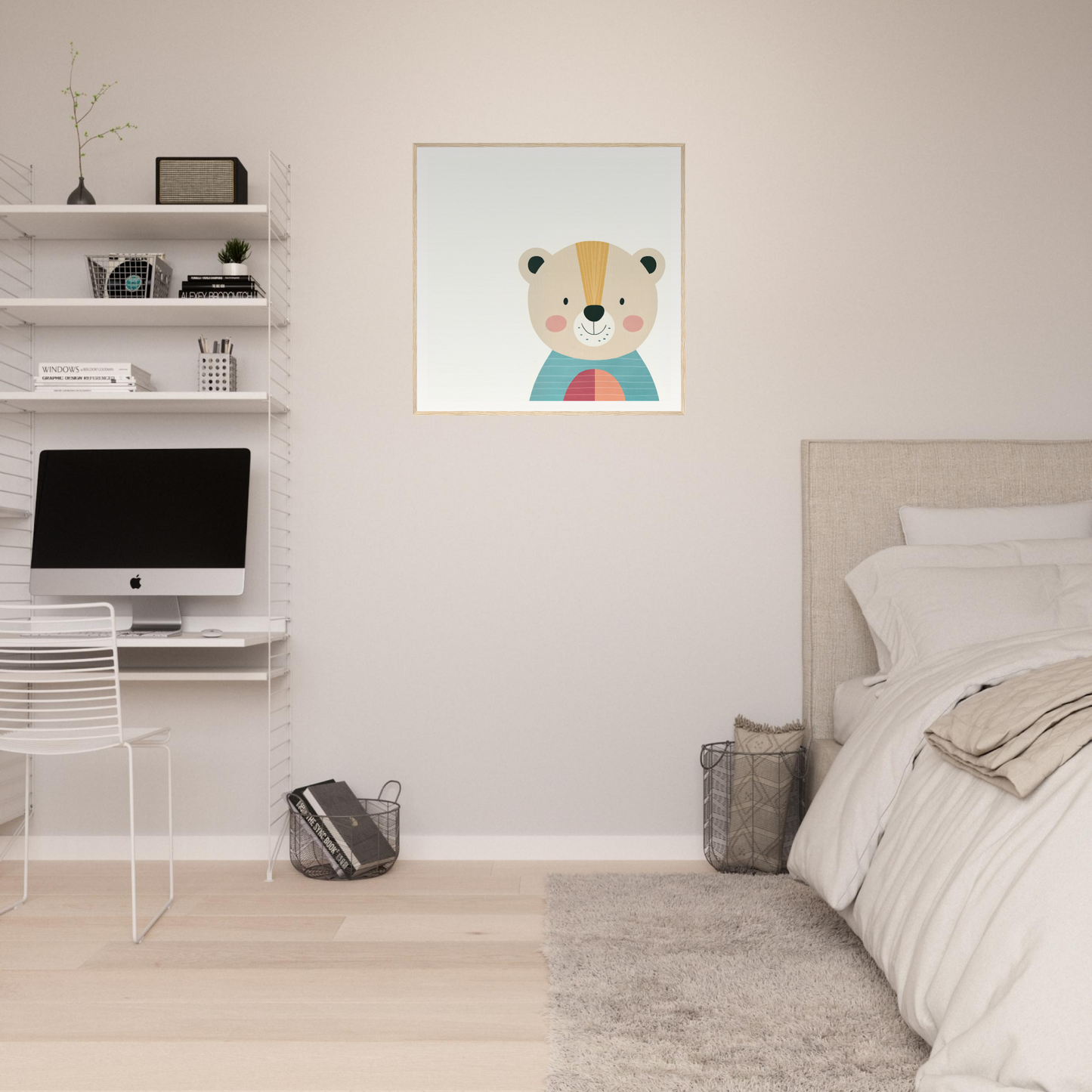 Minimalist bedroom workspace featuring Gentle Bear’s Hypno with floating shelves and iMac