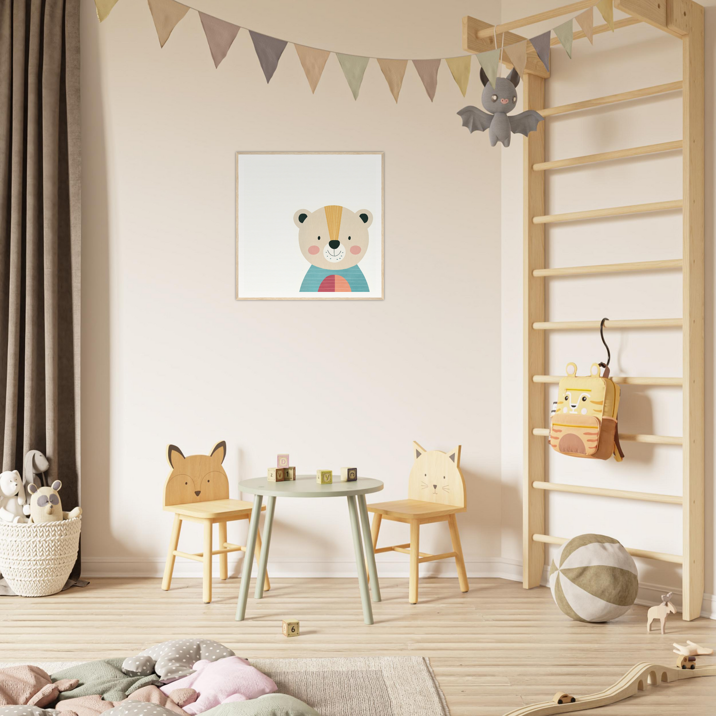 Children’s play area featuring Gentle Bear’s Hypno animal-themed chairs and table