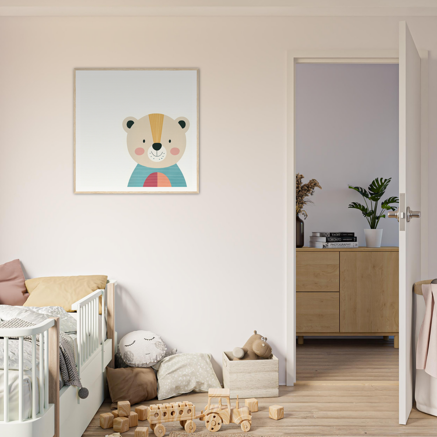 Cute cartoon bear artwork in a frame featuring Gentle Bear’s Hypno with teal and coral accents
