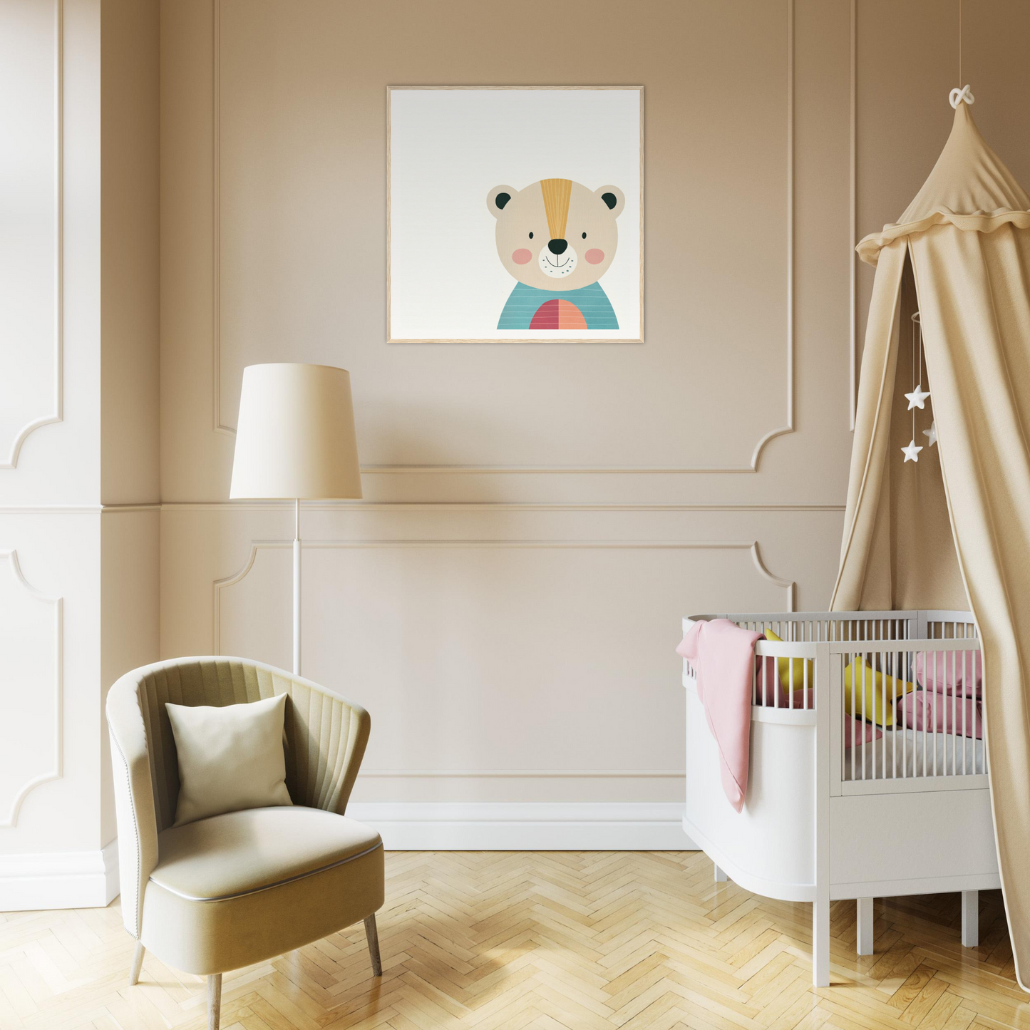 Nursery room featuring Gentle Bear’s Hypno artwork, armchair, crib, and canopy