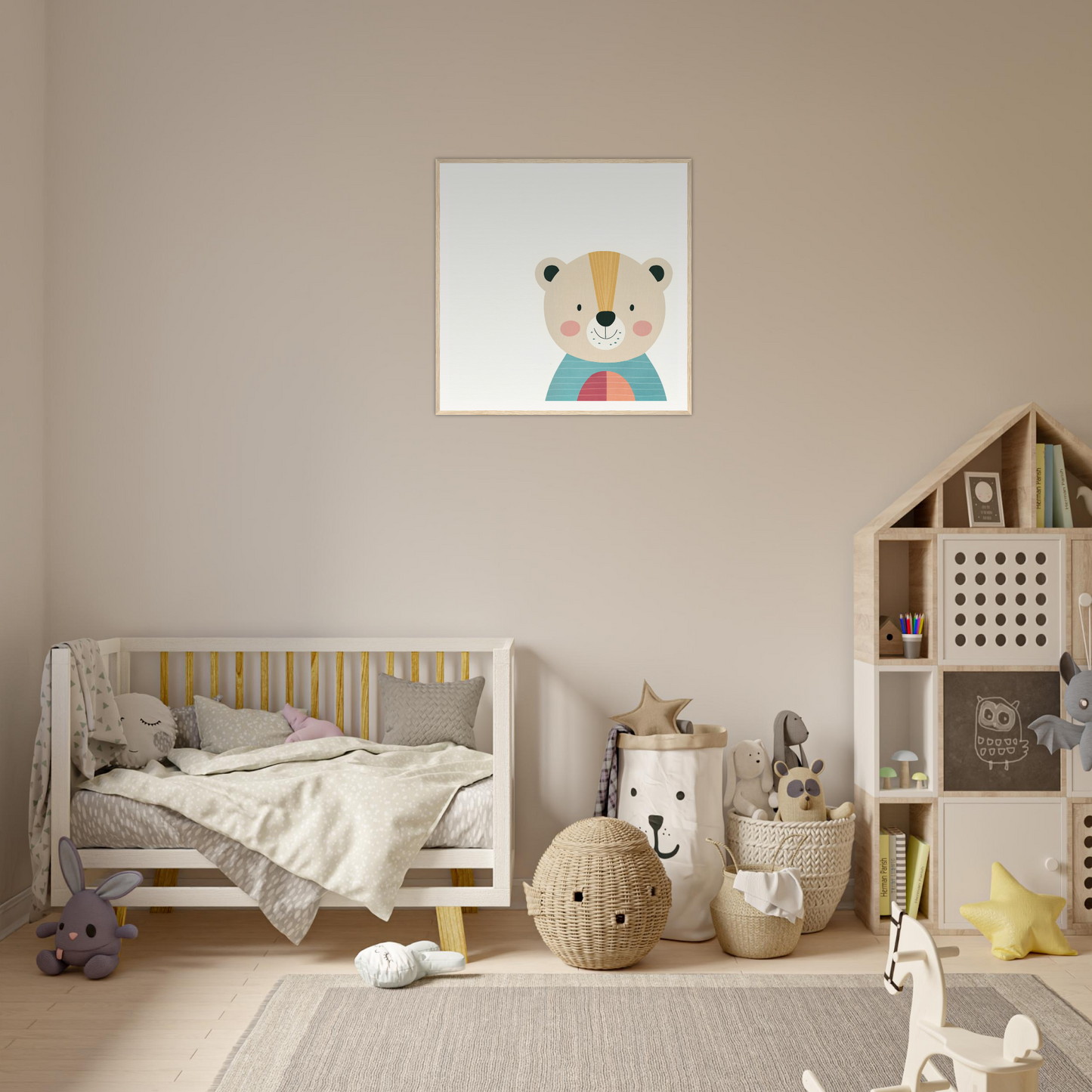 Cozy nursery with Gentle Bear’s Hypno decor and cute bear artwork above the crib