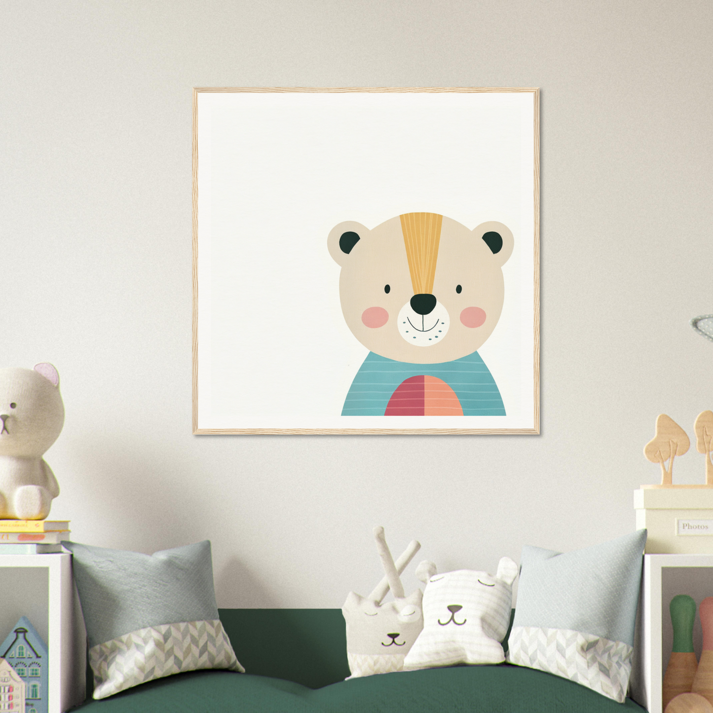 Cute cartoon bear in a blue sweater with pink accents from Gentle Bear’s Hypno