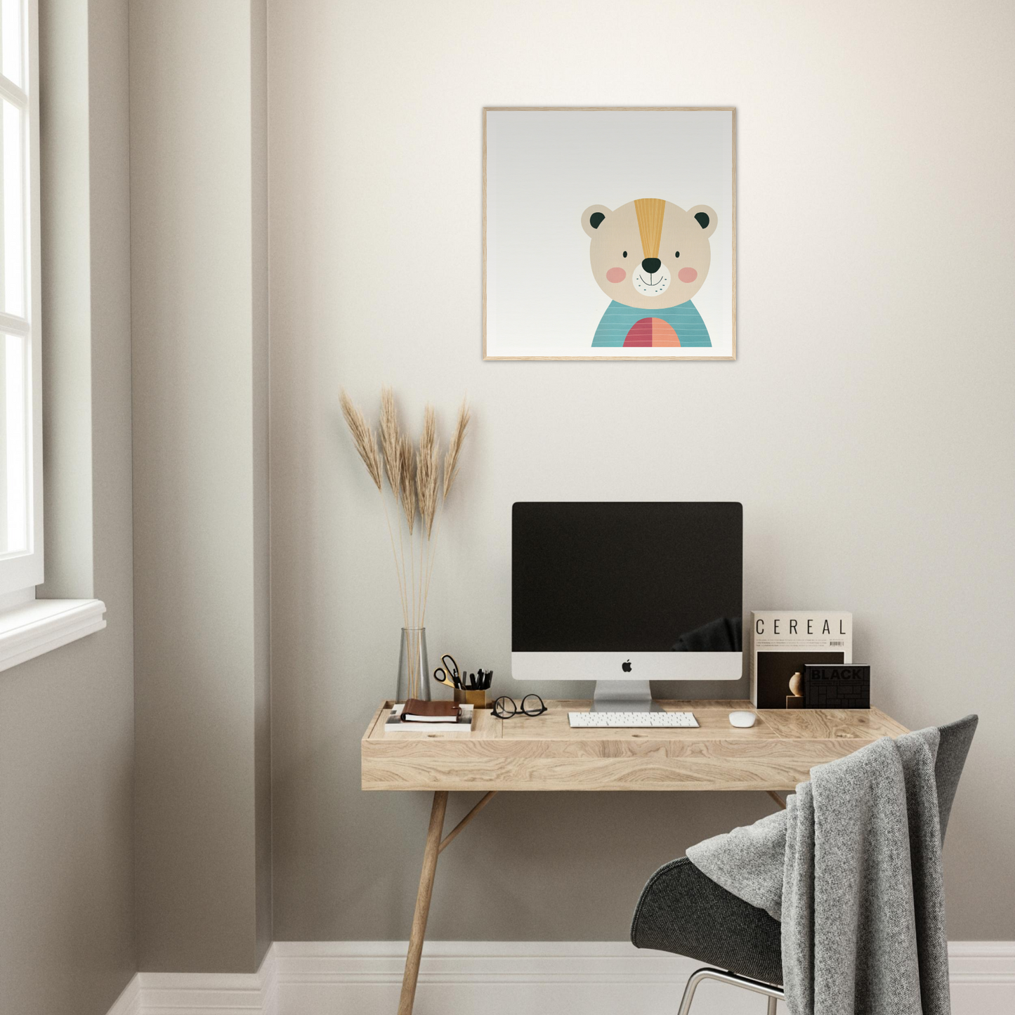 Minimalist wooden desk featuring iMac and accessories from Gentle Bear’s Hypno