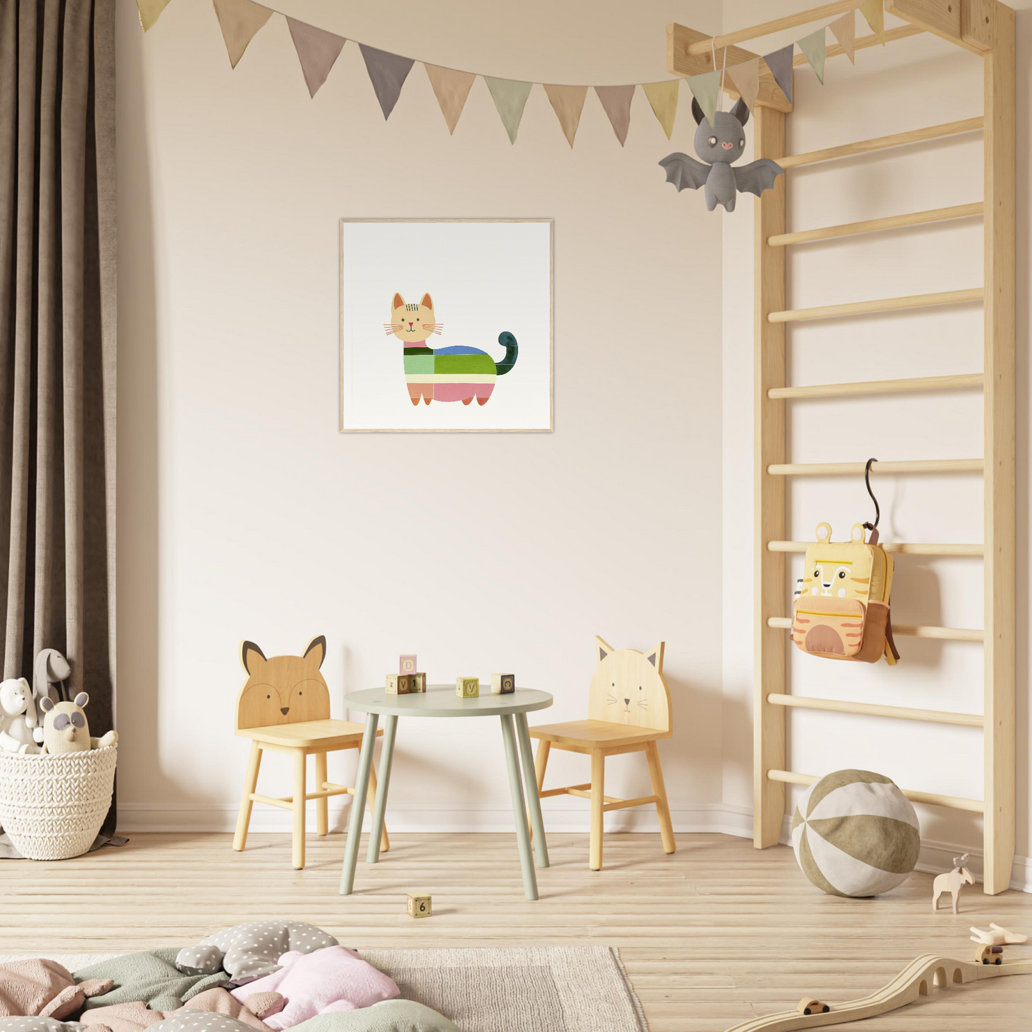 Children’s play area featuring animal-themed chairs and mint green table from Geometric Feline Ecstasy