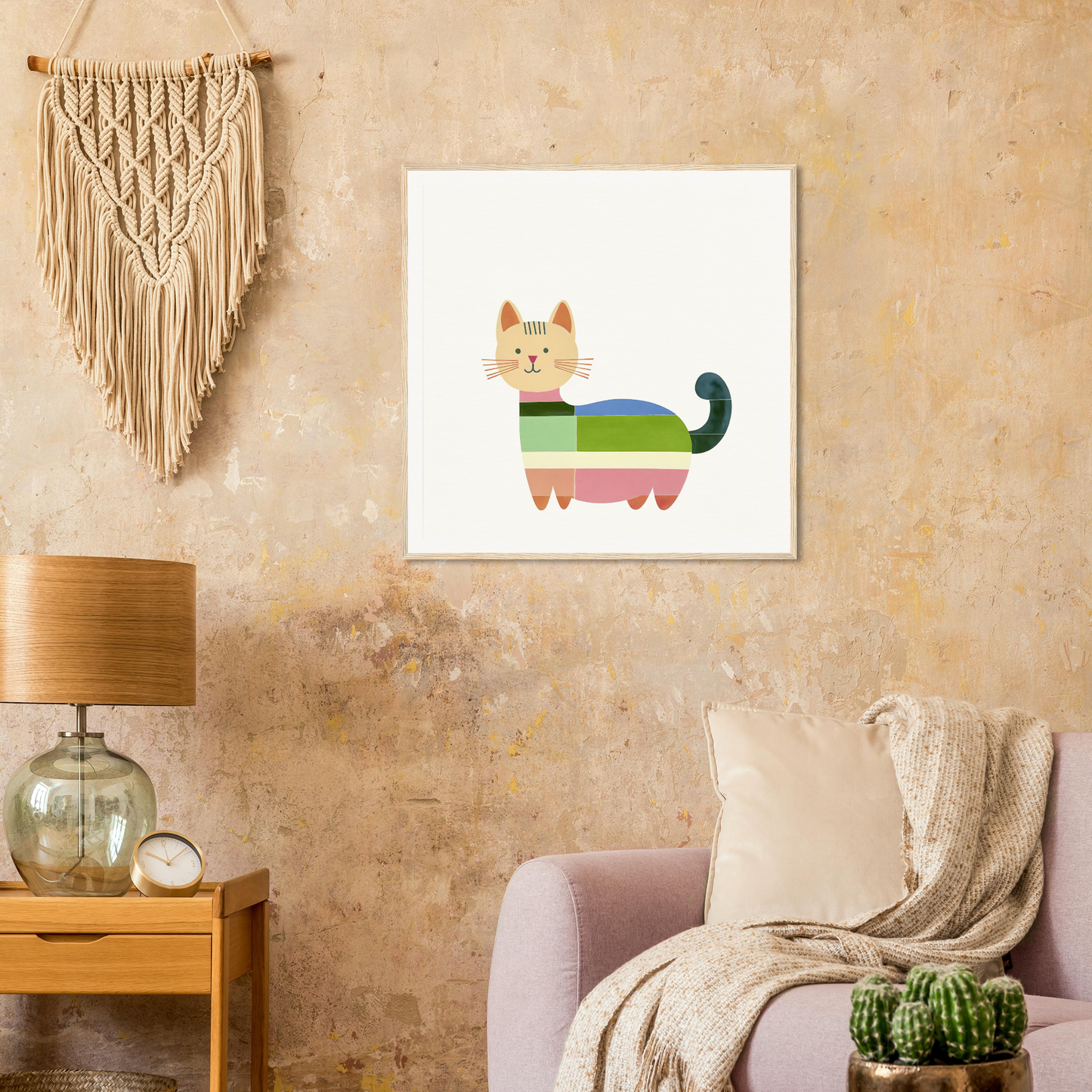 Colorful geometric cat artwork featuring a rainbow-striped body for Geometric Feline Ecstasy