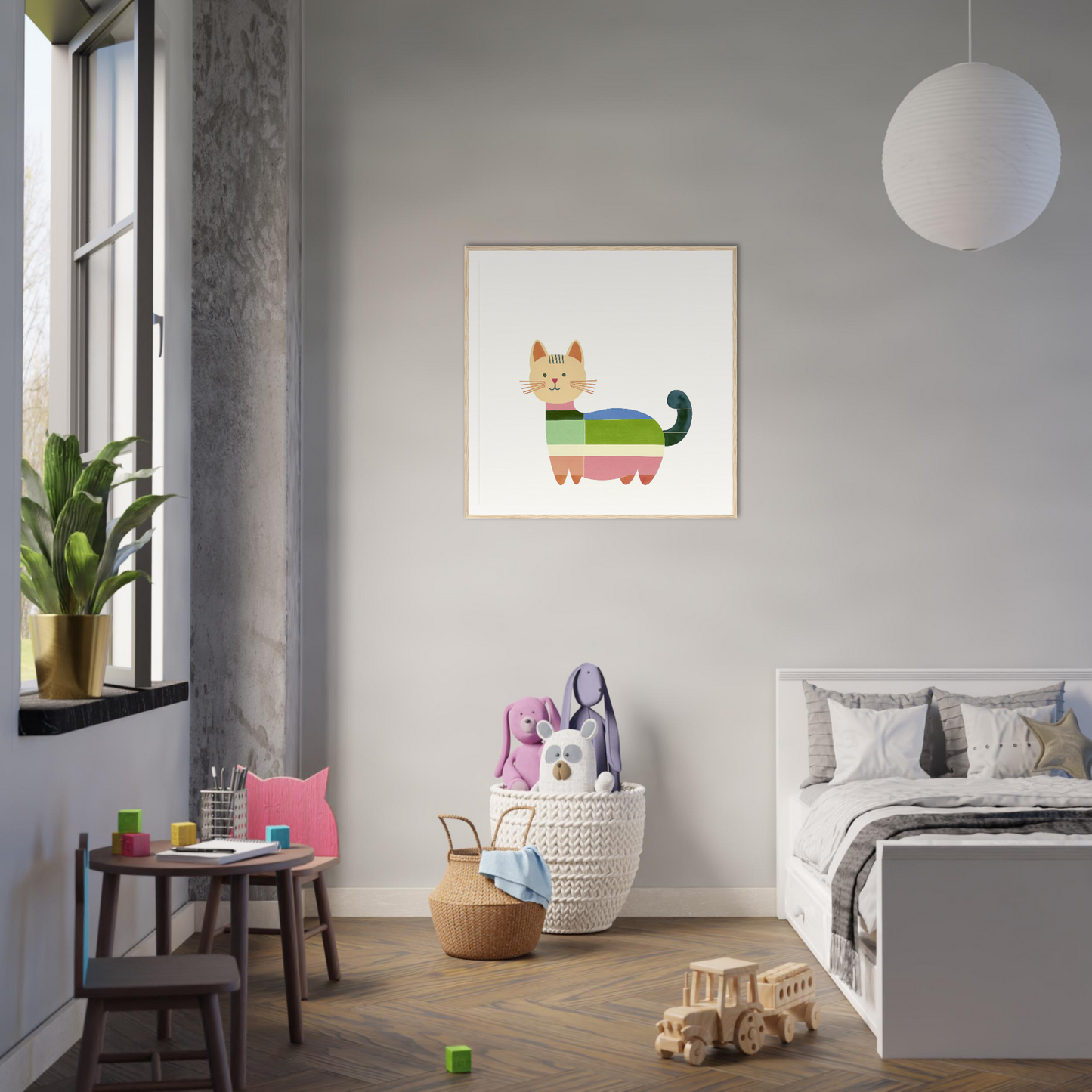 Colorful cartoon cat artwork on gray wall from Geometric Feline Ecstasy special edition art™