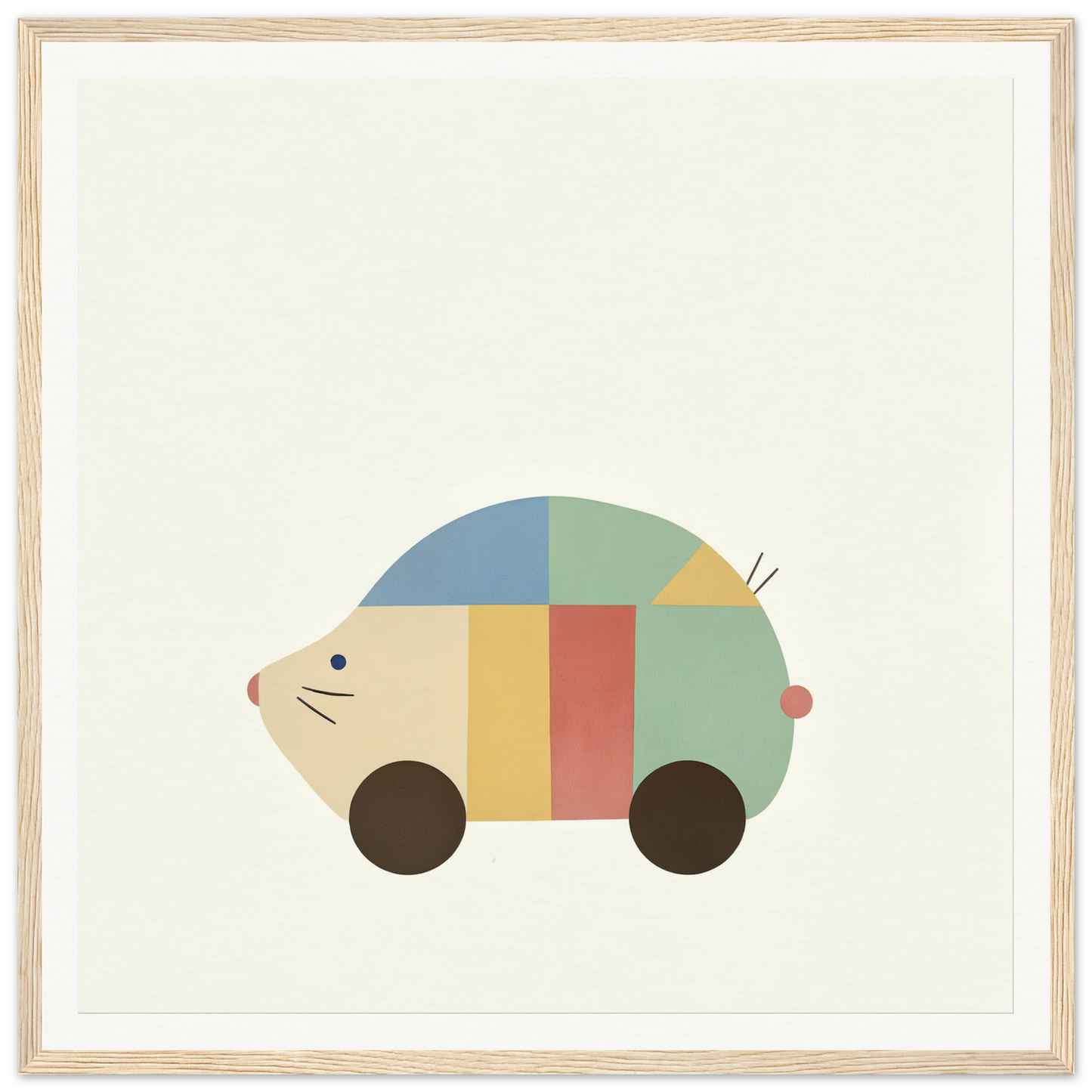 Colorful mouse-shaped car with wheels, featured in Geometric Hedgewhimsey special edition art