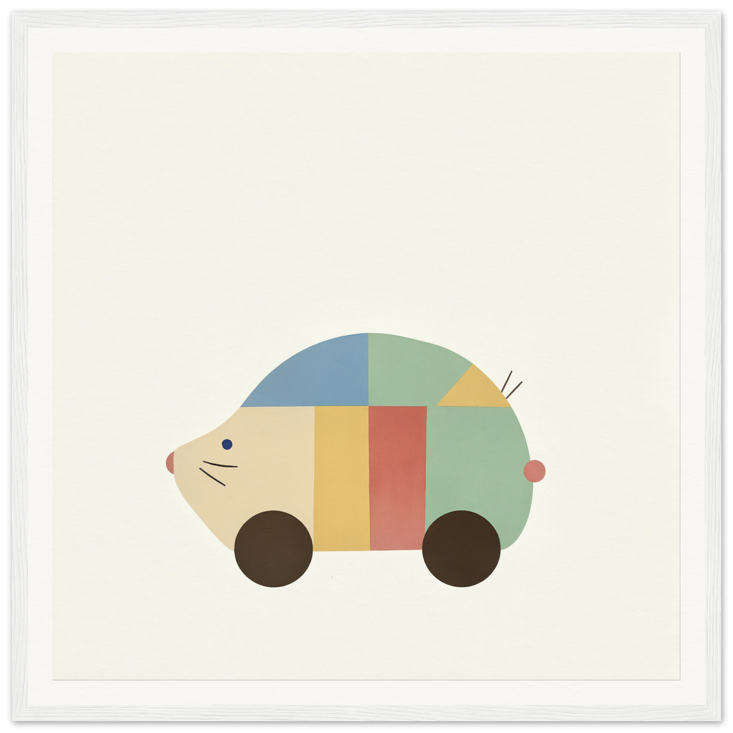 Colorful mouse-shaped car with wheels and whiskers from Geometric Hedgewhimsey special edition